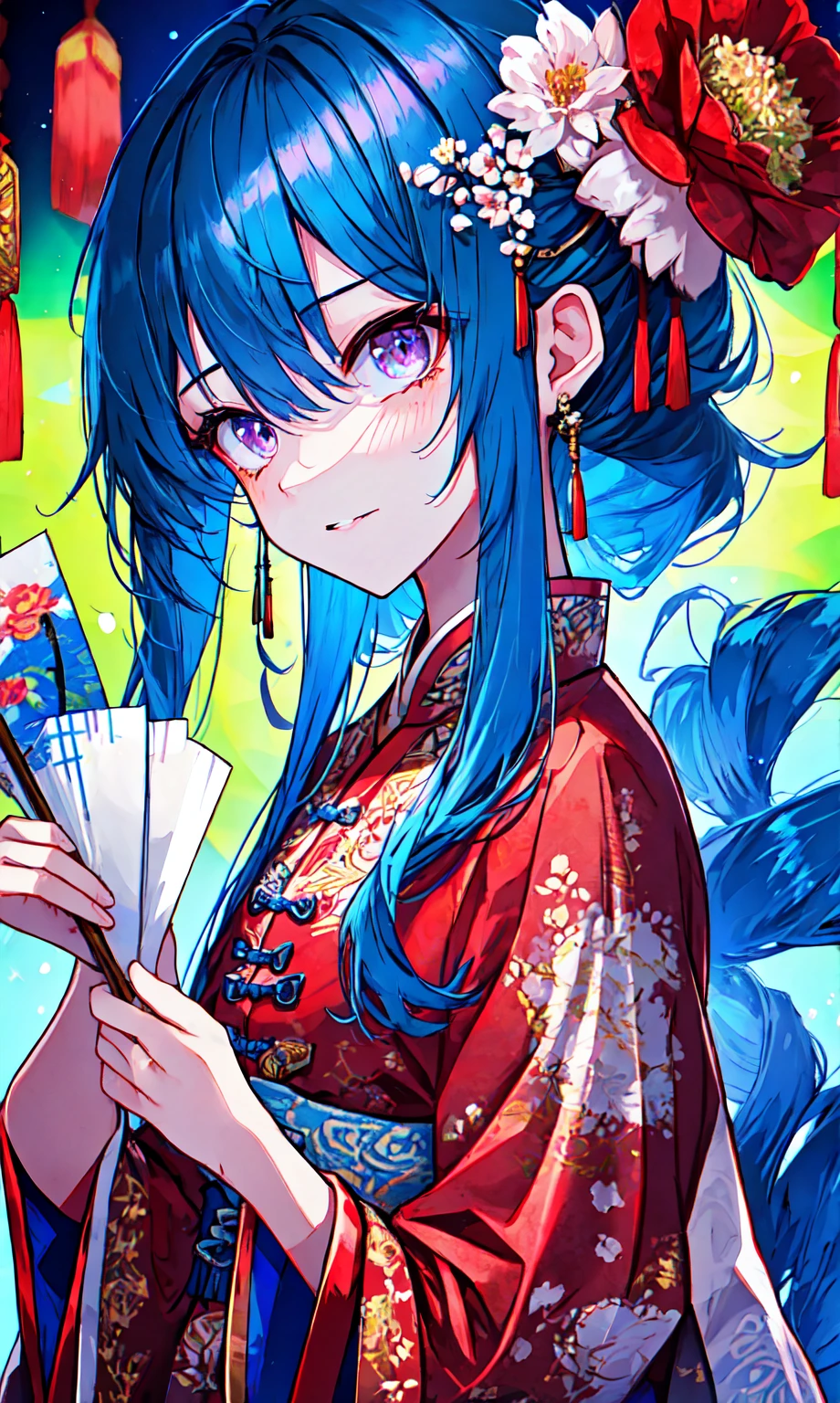 (17-year-old girl), (sharp eyes), solo, (perfect face), (detailed outfit), closed mouth, soft smile, (holding a tanghulu:1.5), (lunar new year), blue hair, sidelocks, hair between the eyes, bangs, short hair, (neck-length hair), pink eyes, fair skin, medium breasts, (flower ornament), (hairclips), (fingerless gloves), outdoor, blue night, (blue starry sky), (bright), (effects), (masterpiece), (best quality), (sharp focus), (depth of field), (high res), (beautiful lighting),