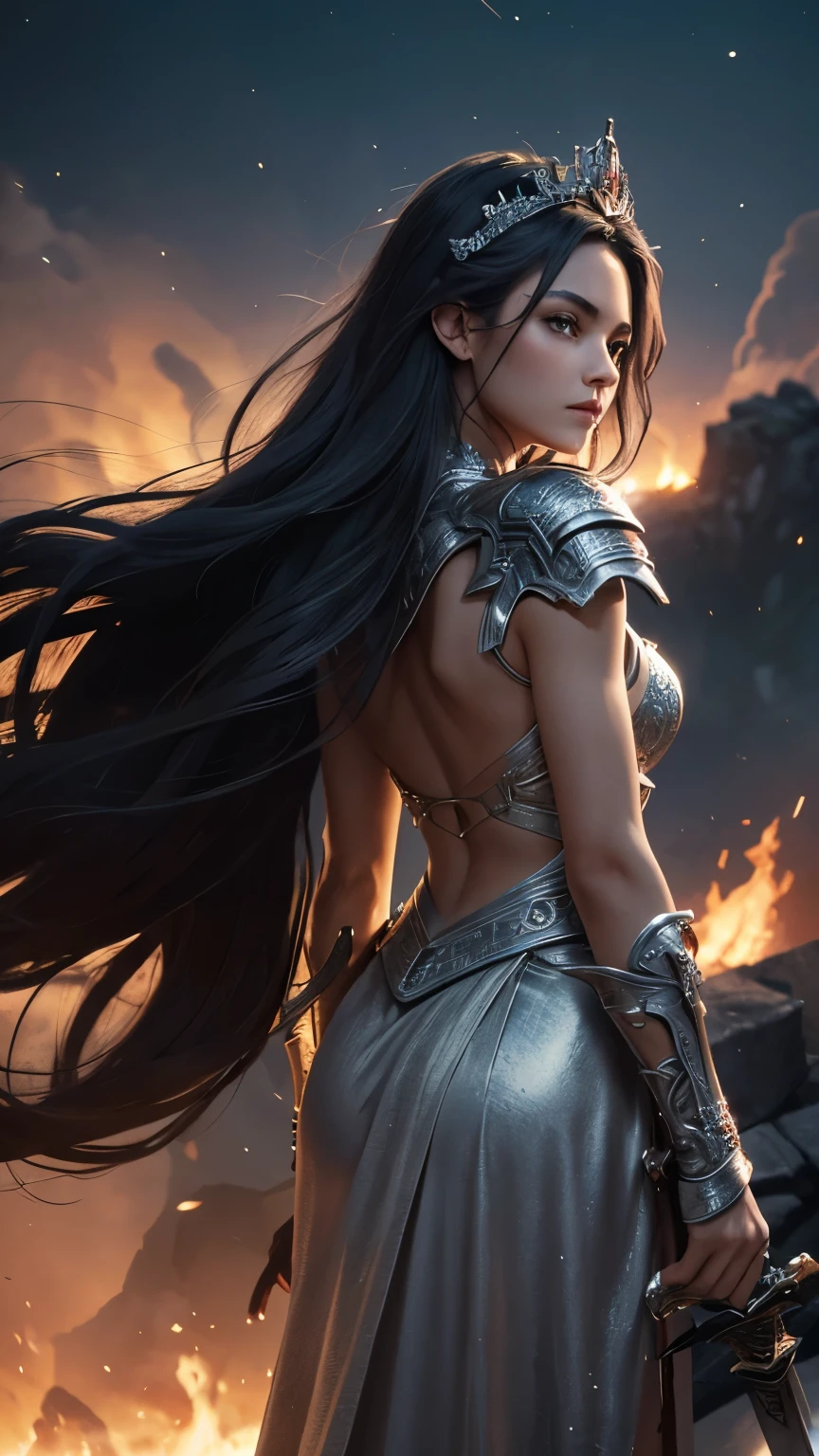 A woman with her back, on her head has a crown, she is wearing silver armor, her hair is flying in the winds, in her hand is a great sword. The woman is in the foreground on a high rocky surface, observing a city totally worn out, with fire and smoke. The fire lights up the dark sky. You can feel the chaos through the image. Make the bottom and bottom of the image cleaner, without any objects
