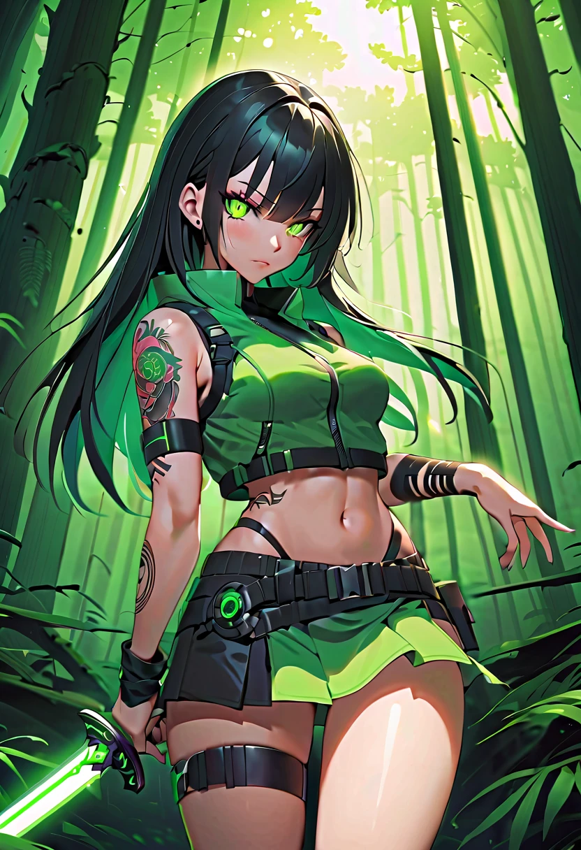 1 girl, solo, long_hair, bangs_between_the_eyes black_hair_with_strands_green, bi_color_ green_neon eyes, sexy_face, sword_in_hand, Playing_sword_with_your_hands, cyberpunk_clothes, short_jacket, navel appears, short_skirt, scarred_legs, left_arm_band, tattoo_above_navel_background_of_abandoned_FOREST_red, manga_style_image .