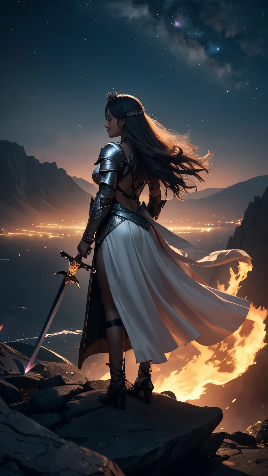 A woman with her back, on her head has a crown, she is wearing silver armor, her hair is flying in the winds, in her hand is a great sword. The woman is in the foreground on a high rocky surface, observing a city totally worn out, with fire and smoke. The fire lights up the dark sky which is now red. You can feel the chaos through the image. Leave the bottom and bottom of the image clean, without any objects. full HD image, 4k, super quality, lighting 9.16, shadow 7.9
