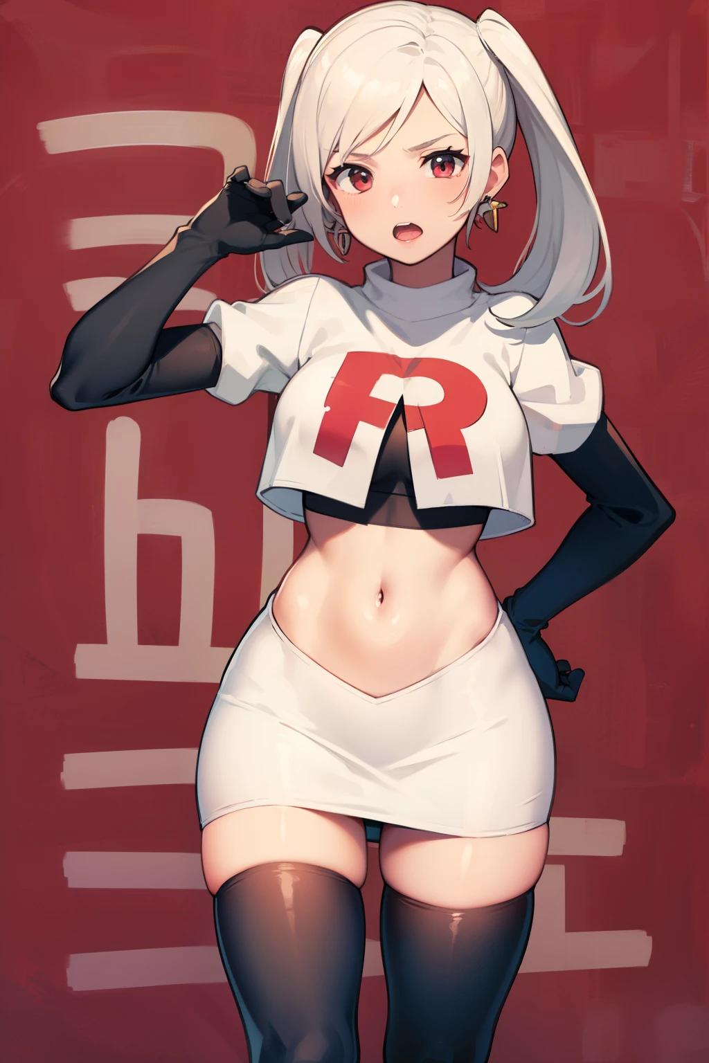 robin fe ,earrings, team rocket,team rocket uniform,white skirt,red letter R,crop top,black thigh-highs,black elbow gloves