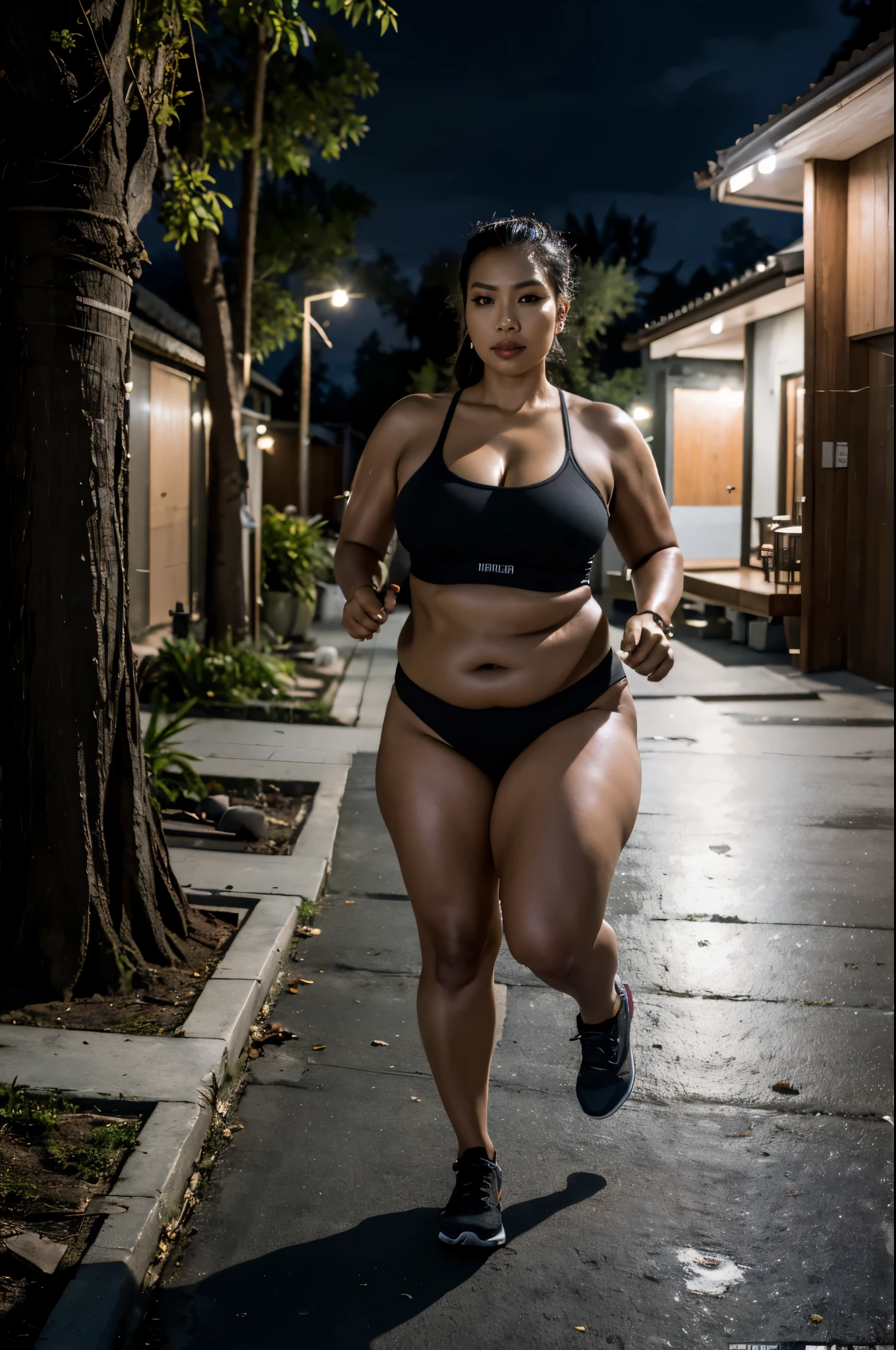 (Nighttime - dark sky - outside - quiet Indonesian neighborhood with lot of trees - near the housing complex security guard post:1.75), Chinese 45 yo fleshy Milf, (fair complexion:1.25), very beautiful chinese-indonesian, (micro-sportsbra:1.55), (low under-belly very revealing micro-sportsthong:1.75), (massive breasts under the tanktop:1.45), (I have thick milf's arms:1.85), curvy - no muscles, fully clothed, (sneakers), (I'm jogging/running:1.5), (at evening night), ((Indonesian housing complex road at night - Indonesian lonely neighborhood)), (full-body - head to boot), anusha cleavage,, busty, voluptuous, thick, curvy model body, body dents, visible lips, plump, fleshy juicy hips, glossy sweaty skin, 🤬❤❤️🔥💦🍑, juicy lips, plump red lips, fantasy character art, absurdres, high res, ultrasharp, 8K, professional photograph, award-winning portrait, masterpiece, high detail full-body view, symmetrical, Nikon D850, 85mm lens, f/1.8, depth of field,