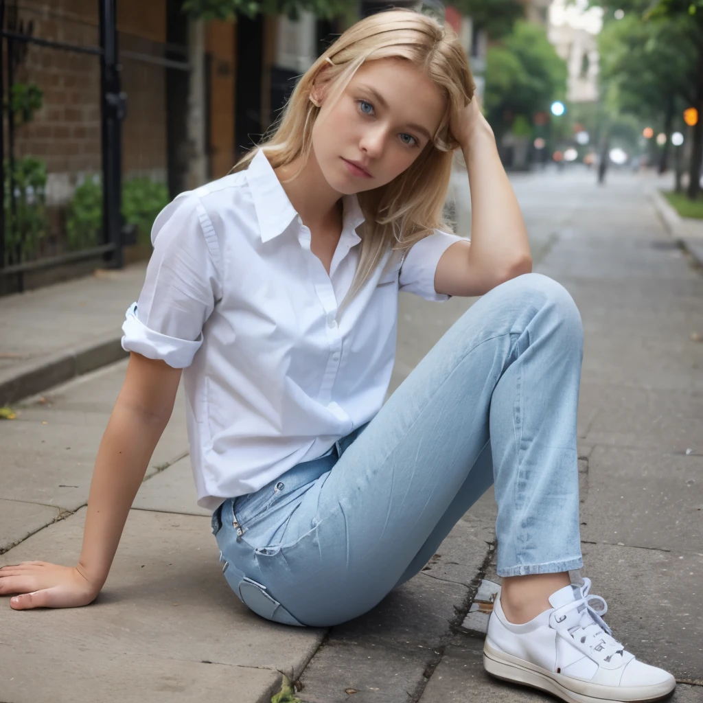 Maria ash blonde girl with light blue eyes white shirt and jean pants and gray shoes.