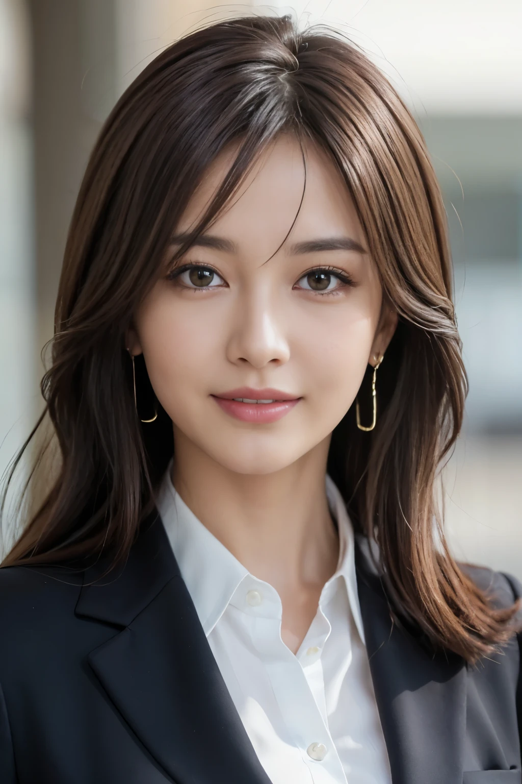 masutepiece, Best Quality, Photorealistic, Ultra-detailed, finely detail, High resolution, 8K Wallpaper, 1 beautiful woman,, light brown messy hair, in a business suit, foco nítido, Perfect dynamic composition, Beautiful detailed eyes, detailed hairs, Detailed realistic skin texture, Smiling, Close-up portrait, Model body type