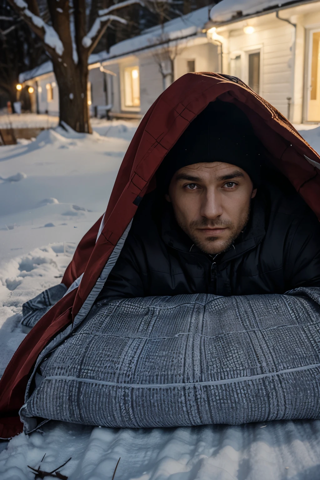 a russian man covered with a blanket sleeps outside.