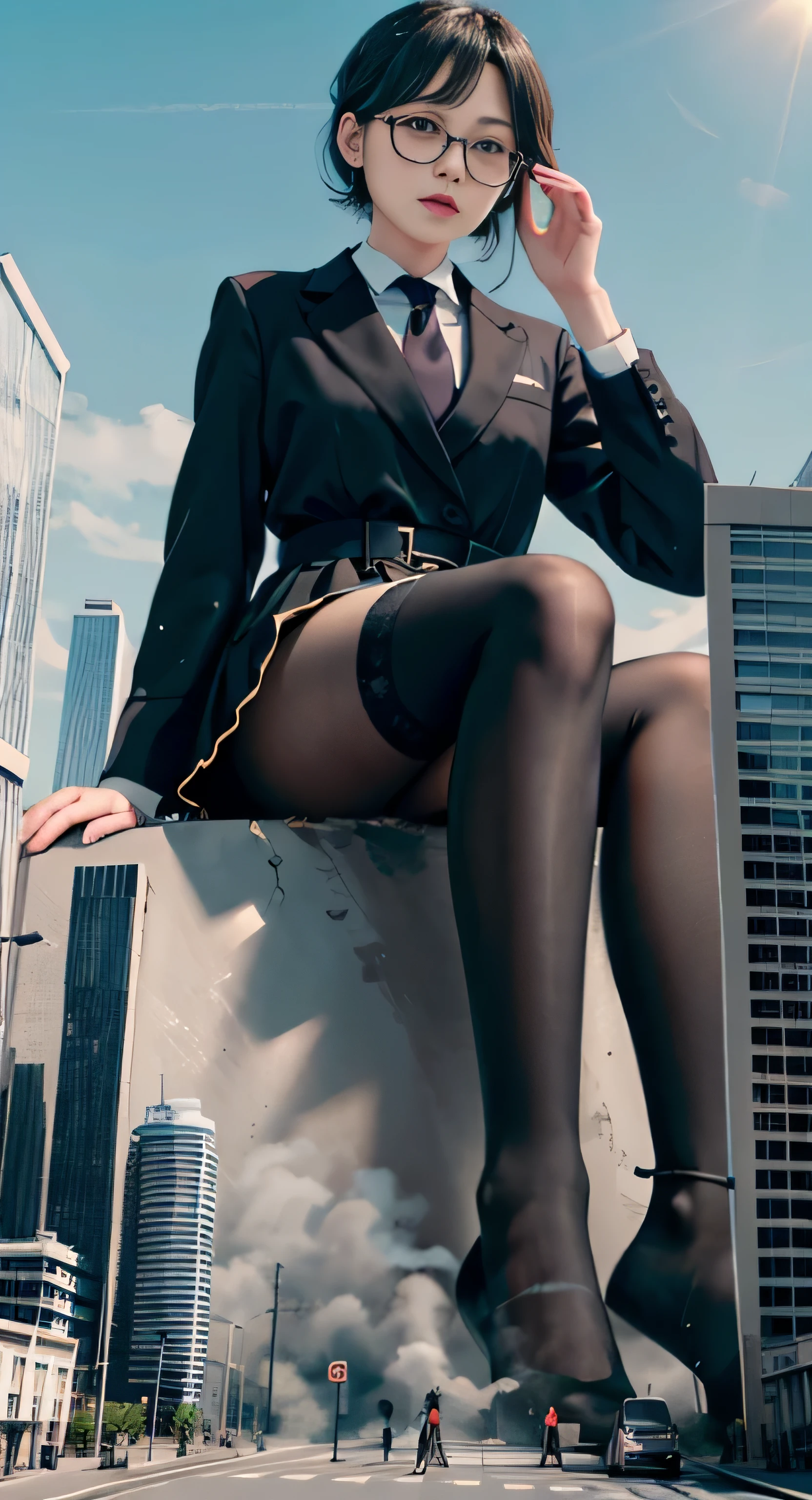 女huge艺术, Surrealism , 非常に詳細なhugeショット, huge, short hair, black pantyhose, huge女高中生，&#39;Himatian Building Yitoku Field, Wearing rimless glasses, huge , Navy blue blazer, Red Tie, mini skirt, black pantyhose, I don't know about that&#39;wear shoes., very small metropolis, micro city, 足元までの高さしかないmicro cityで、, full body depiction, governor, 千兆女huge, black pantyhose, Pantyhose feet, Pantyhose feet, ,stomping city,Collapsed cities,small city,micro city,