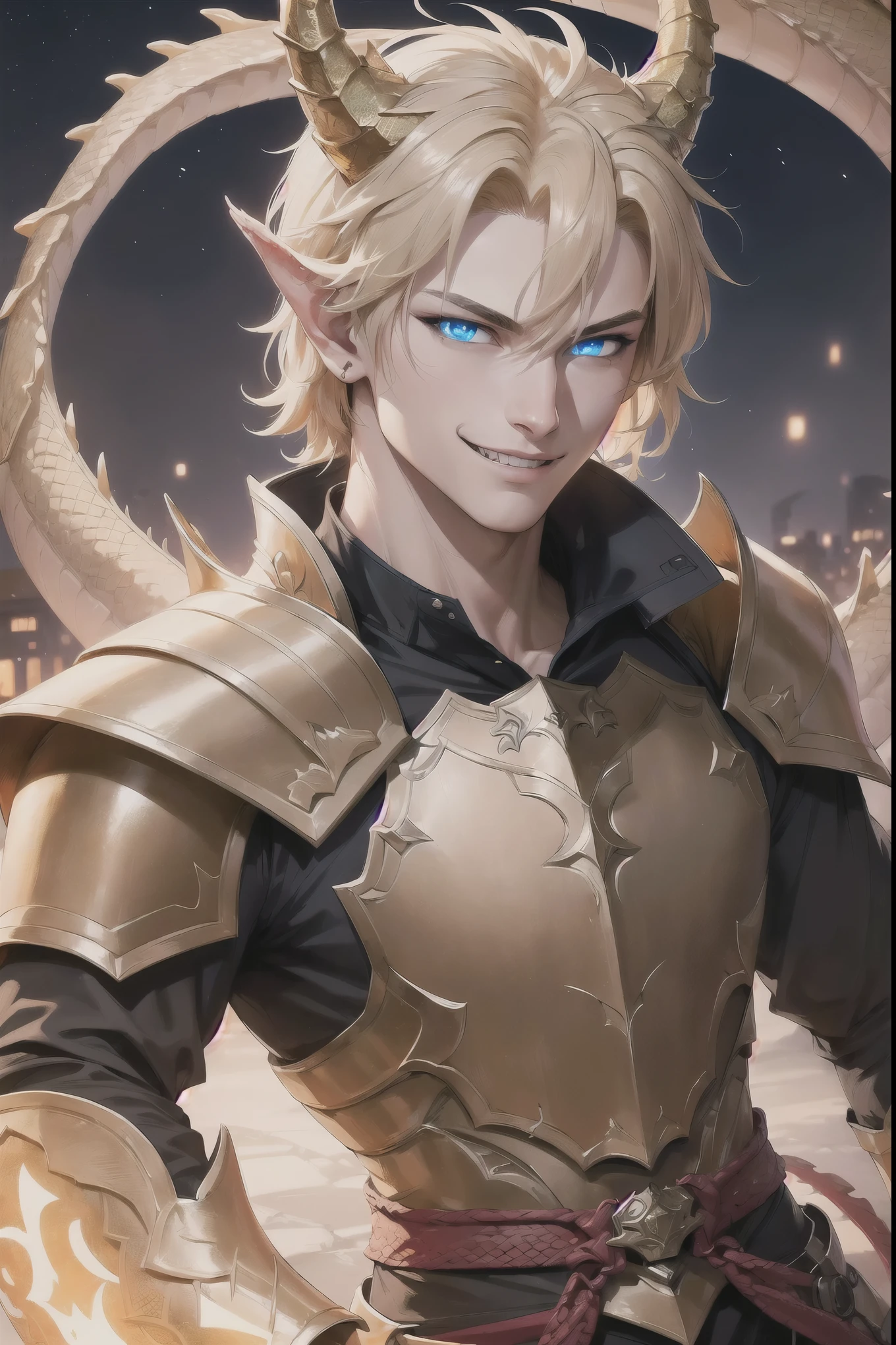 (4k,8k,best quality, masterpiece:1.2), perfect face, perfect nose, detailed hair, detailed eyes, detailed lips, ((portrait)), realistic colors, studio lightning, ((gold hair, blue eyes, dragon eyes, glowing eyes, dragon ears, dragon scales in his skin, dragon horn)), young male, small mouth, looking at viewer, confident pose, smile, happy eyes, highres, paladin, night city, saphire jewel detail, monsters in scenario, golden armor, 20-years-old, 20s