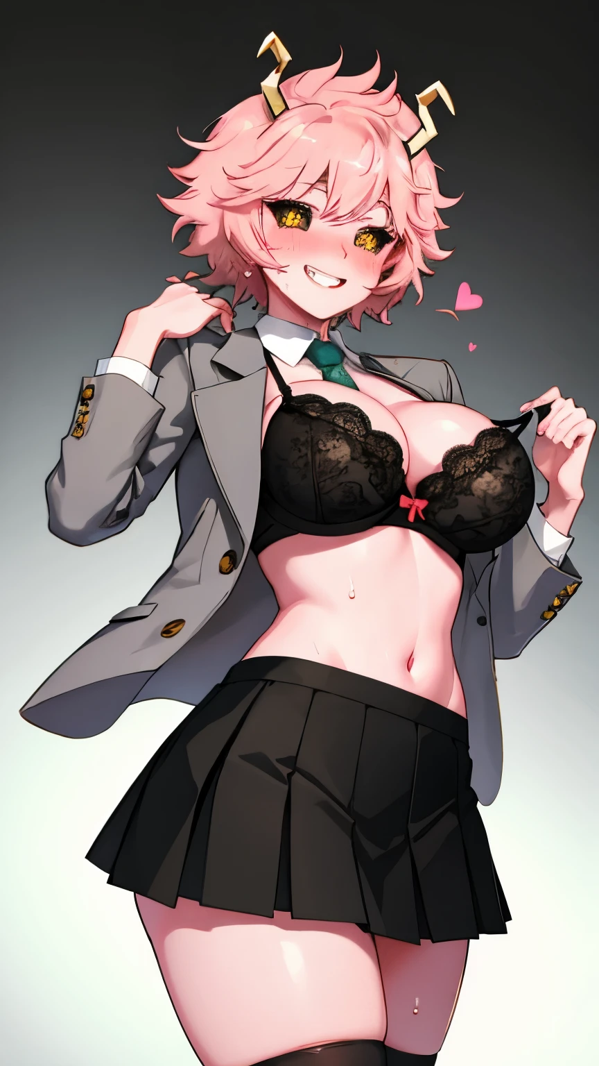 Luminal reflexes, Natural light, Exciting, Triad color scheme, cowboy shot, elegant, sensual:0.6, looking at the viewer, 1 girl, woman, alone, blush, open your mouth, smile, teeth, software, Mina Ashido, Jacket, grey Jacket, tie, red tie, skirt, green skirt, pleated skirt, socks, black socks, knee high socks,open shirt,show off bra,cleavage,(huge breast),round breast,from below,toned stomach,skinny body, sweat,wet,smirk,nose blush, heart-shaped pupils, frustrated