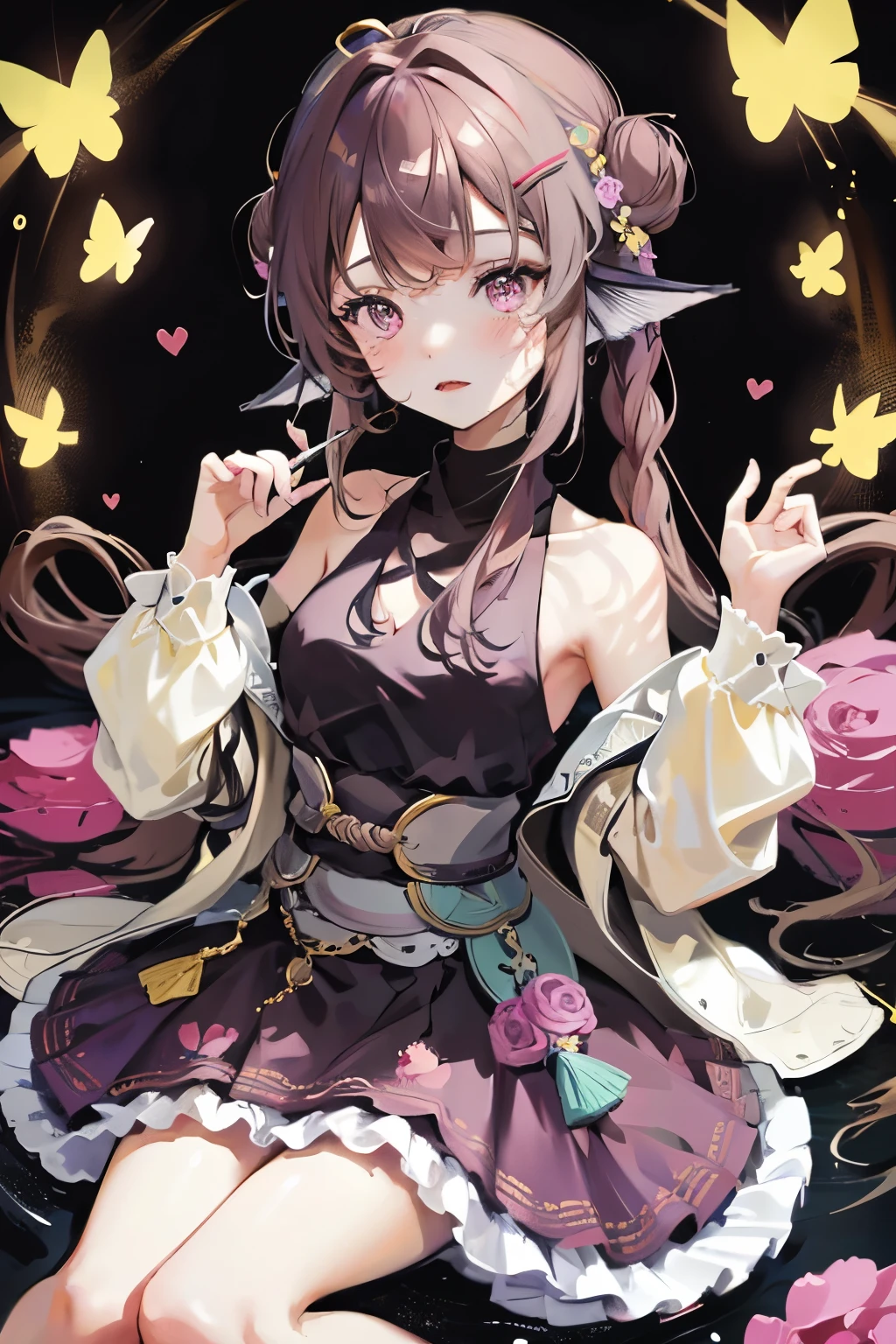 1 girl, Two super braids， animal ears, purple eyes, brown hair, wing, alone, long hair, blush, Cat耳朵, flowers, looking at the audience, braid, bow, dress, pink flowers, bow, hair accessories, Bangs, Cat, hair flower, Animal ear hair, Keep, Virtual YouTuber, blue bow, Keep animal, Cat女, stuffed toys