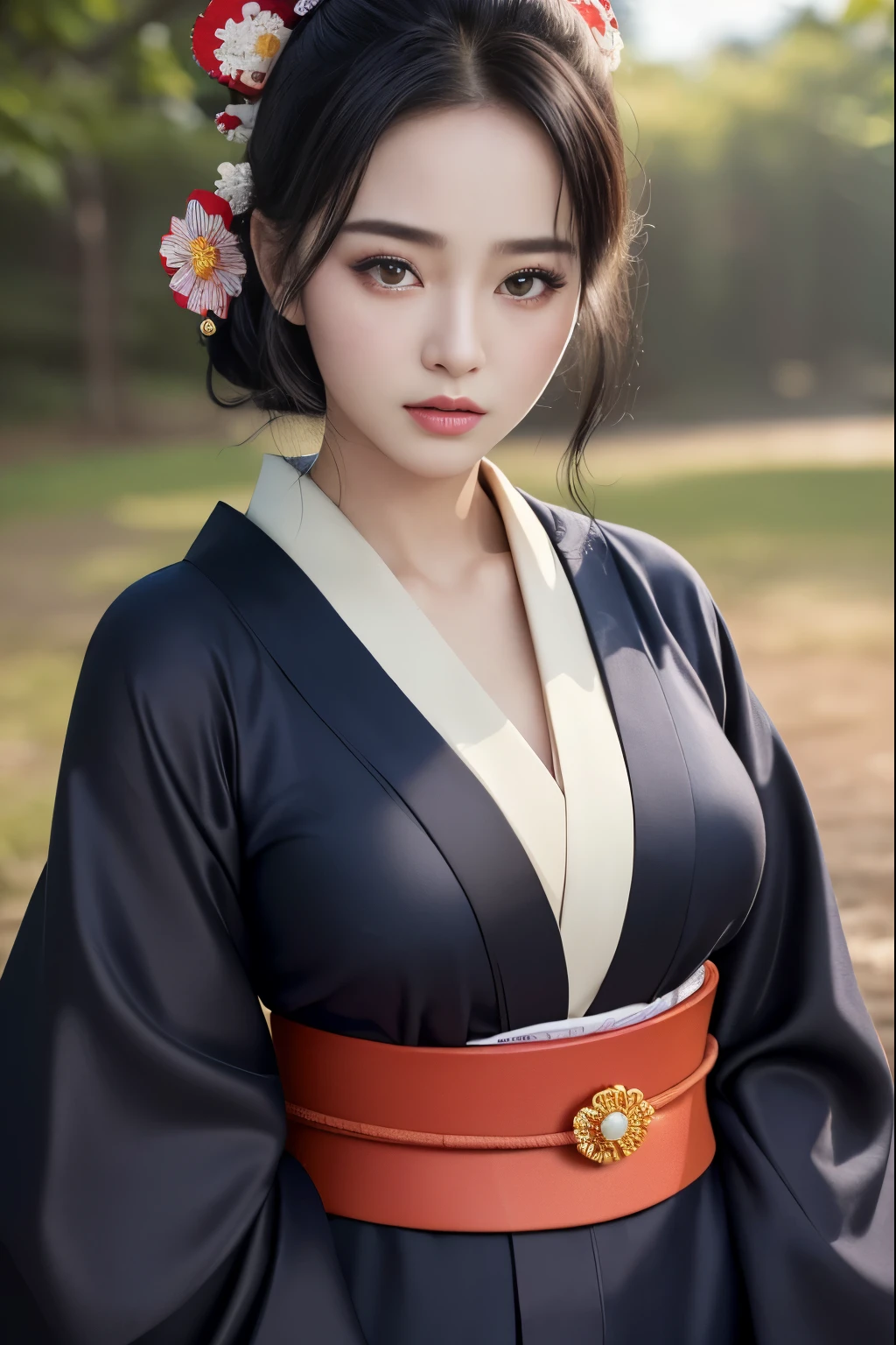 ((Top Quality, 8K, Masterpiece: 1.3)), Sharp Focus: 1.2, (Super Beautiful Face: 1.0), (Glossy Skin: 1.0), Realistic Photos, Black Hair, Realistic Pupils, Movie Lighting, Highly Detailed Eyes and Face, Movie Lighting,  (Cowboy Shot: 1.0),  (kimono, hakama, obi: 1.15),　(Korean Cute Actress), in nature, classic kimono,