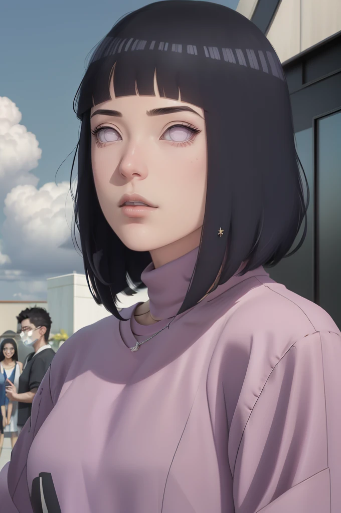 { - anatomy error} (Masterpiece - Ultra-detailed, very high resolution) , absurdos, Hinata\(Boruto\), 1girl, sozinho,Mature female, Capuz roxo,mangas em camadas, jeans, ao ar livre, Cloudy sky, perfect composition, circunstanciado lips, peito grande, beautiful face, body propotion, corar, (pink lips), cabelos pretos curto (black hair), lilac eyes, olhar suave, super realistic, circunstanciado, rosto e corpo realistas, Realistic hair, olhos realistas, nariz realista, realistic lips, with large hoop earrings, anime.
