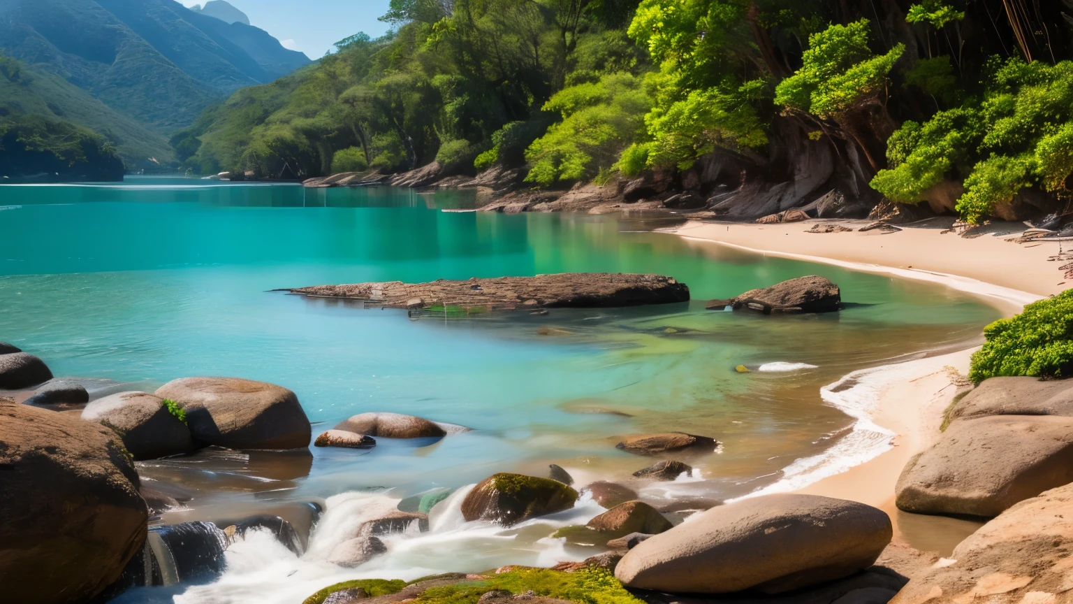 (obra de arte, melhor qualidade, alta qualidade, high resolution:1.4), detalhado, Extremely detalhado, soft ambient lighting, 4k, ao ar livre, (natureza, Floresta de Carvalho:1.2), (pedras:1.2), Montarias, Flores, plantas, pequeno rio, Aves e esquilos, borboletas