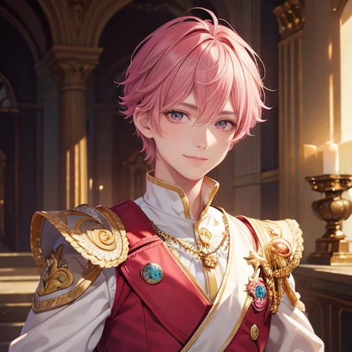 fantastic art of a beautiful prince,,male,pink short hair,beautiful pink eyes,wearing prince wear,smile,happy,noble,top quality,best picture quality,super masterpiece,super detailed,detailed light,fantastic atmosphere,very delicate and beautiful,highly detailed digital painting,cinematic lighting,8k