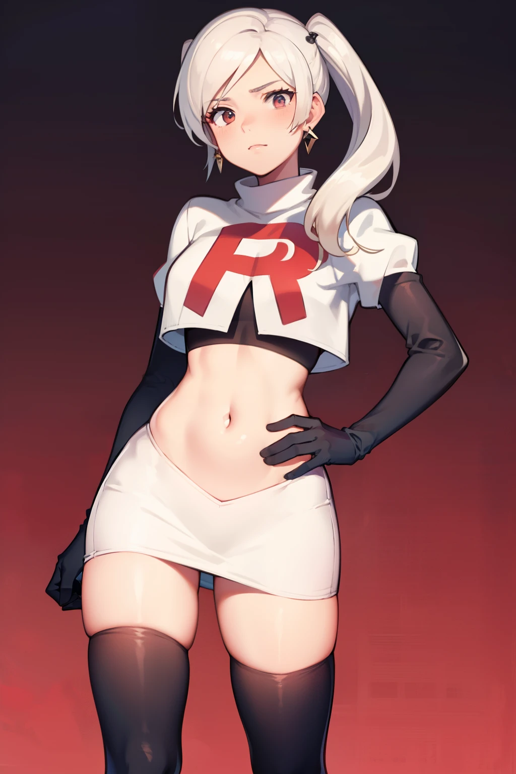 robin fe ,earrings, team rocket,team rocket uniform,white skirt,red letter R,crop top,black thigh-highs,black elbow gloves