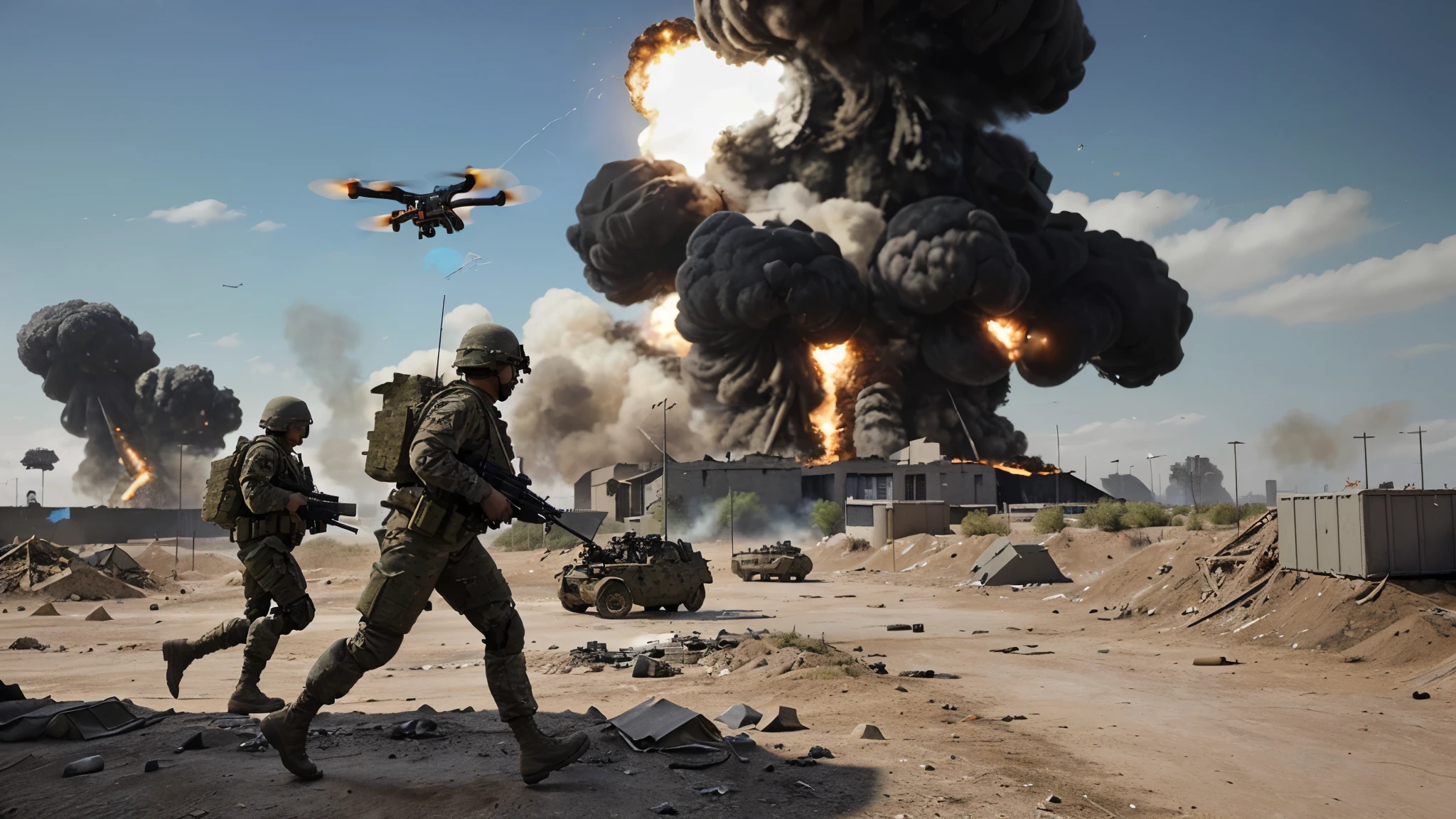 In the heart of the modern warzone, soldiers clad in advanced combat gear navigate the dystopian landscape, their surroundings marked by the aftermath of conflict. Soldiers shooting from trenches, Many soldiers are running with their rifles. Smoke billows in the distance as high-tech weaponry and futuristic vehicles hint at the evolving nature of warfare. Many drones are dropping lots of small bombs from the sky, many explosions, 50 drones are flying in the sky, ultra realistic, 4k.