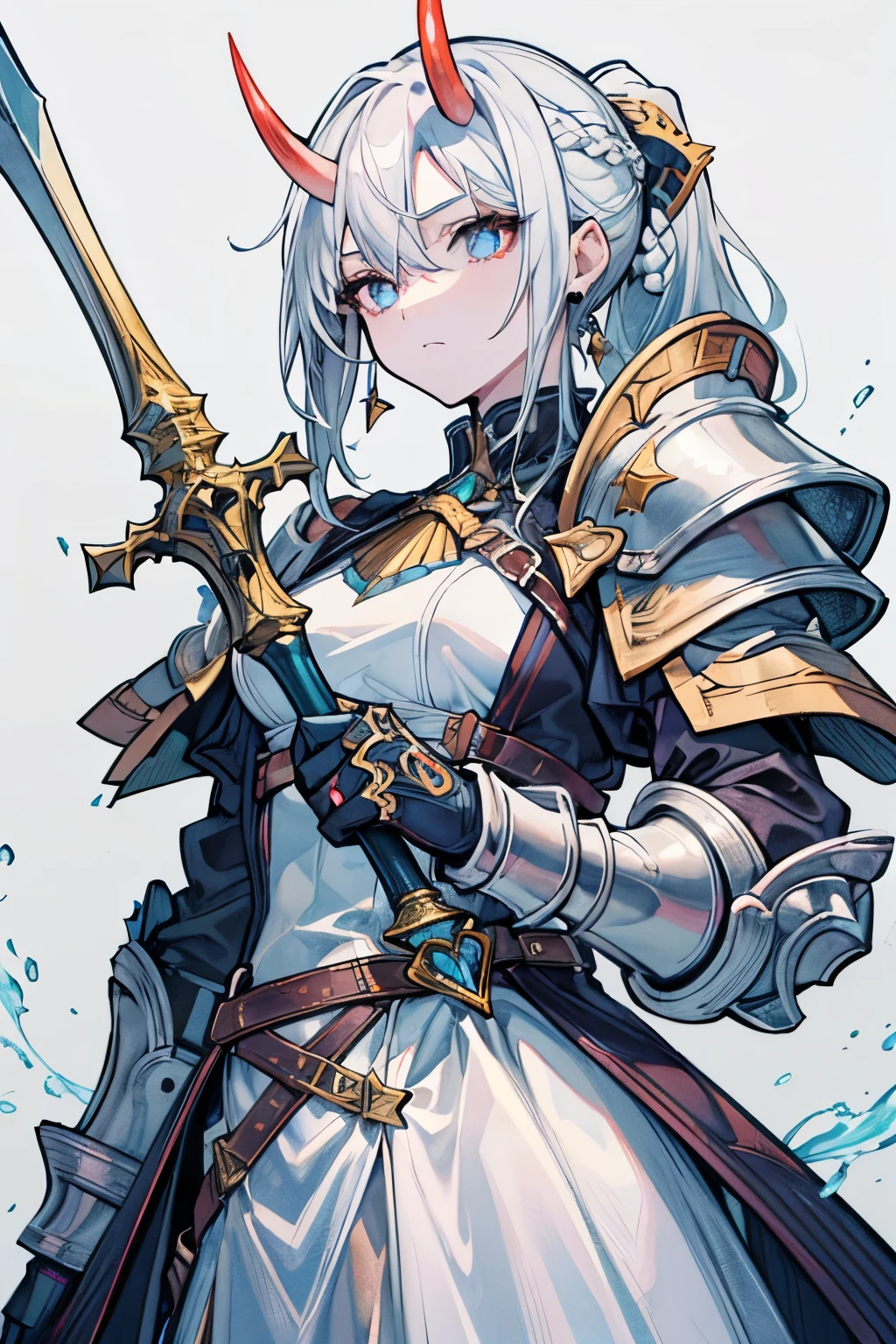 Anime-style, 1girl, solo, portrait of a woman knight, cowboyshot,  standing, (holding a sword), white background, empty-background, mature female, slender, expressionless, pale skin, (white hair), medium sideburns, French braid, long hair, ponytail, silver eyes, sanpaku-eyes, (oni horn), (white long dress), (white armor), gauntlets, nordic fashion, fascinator, jewelry earrings, highly detailed, vibrant colors, composite lighting, professional shading, high quality textures, best quality, ultra-detailed face, ultra-detailed eyes, natural proportions 