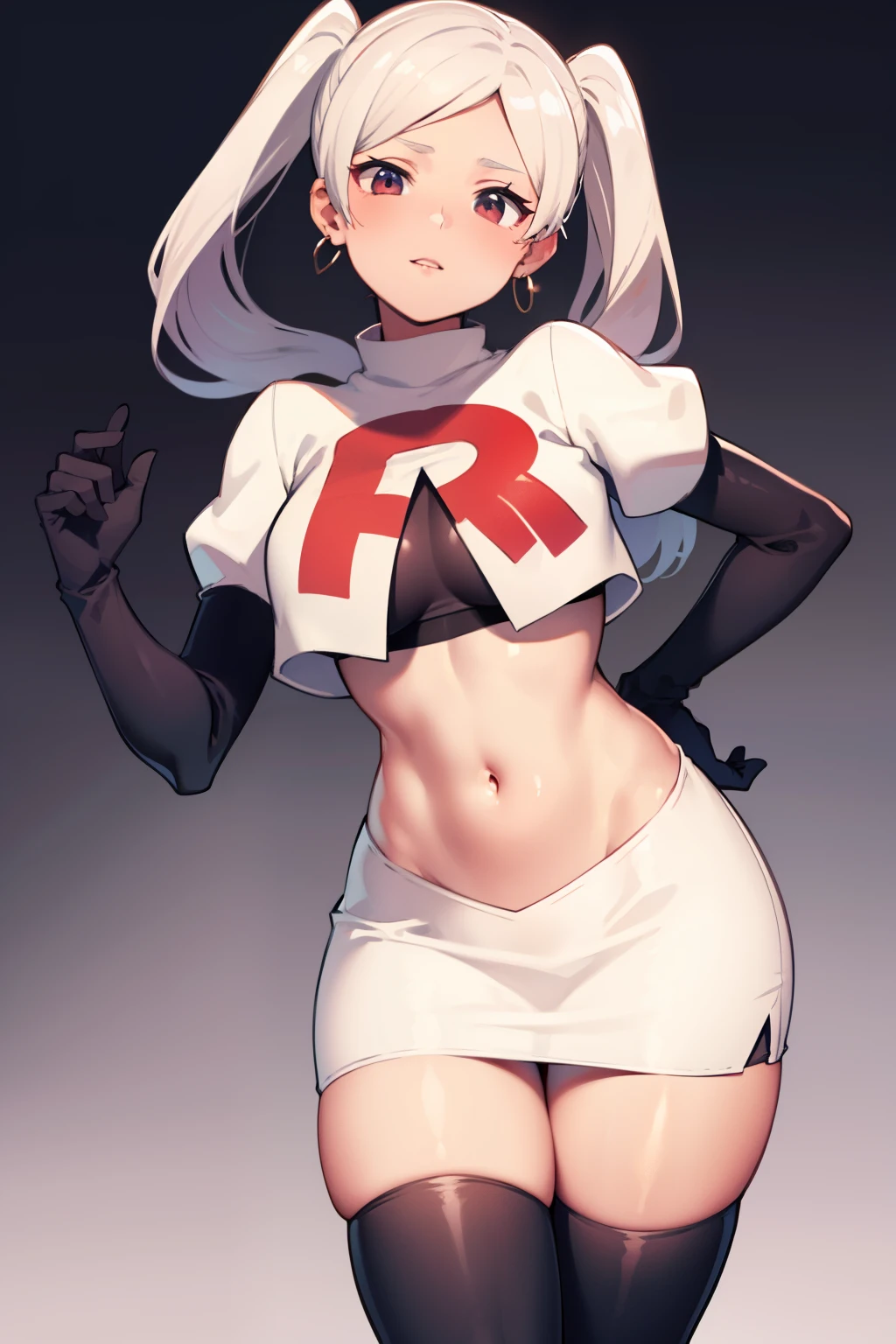 robin fe ,earrings, team rocket,team rocket uniform,white skirt,red letter R,crop top,black thigh-highs,black elbow gloves