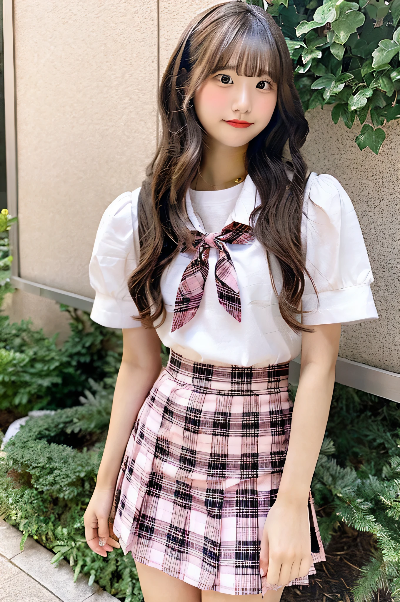 super mini skirt（Pink plaid）An 18-year-old high school girl wearing a white shirt.
