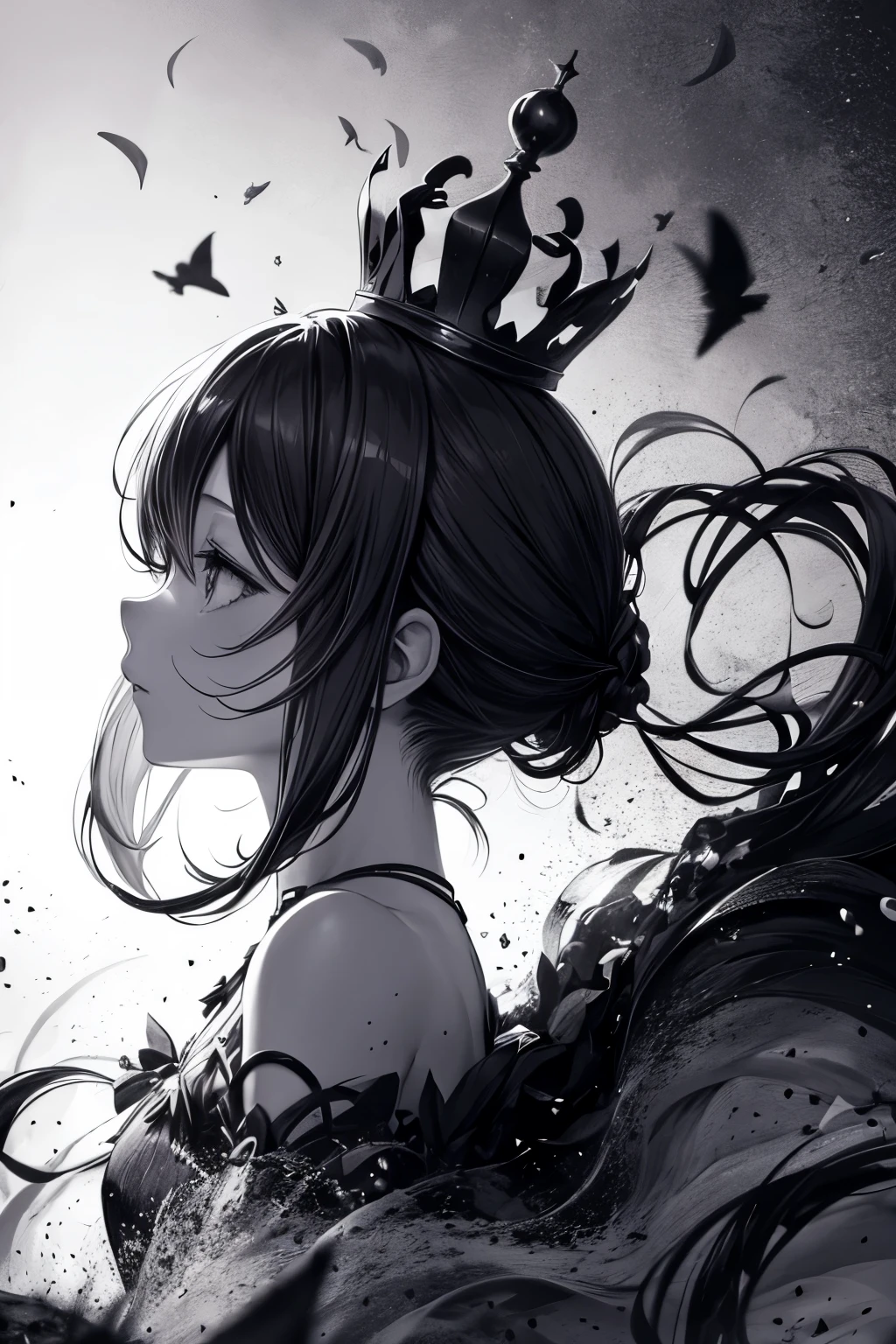 silhouette of crown falling down black and white