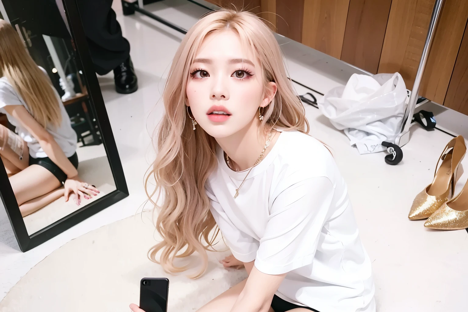 There is a woman sitting on the floor with her cell phone, parque roseanne de blackpink, jossi do blackpink, portrait of jossi do blackpink, Lalisa Manoban do Blackpink, Sun Yunjoo, Jisoo do Blackpink, Jisoo do Blackpink, Ulzzang, com cabelo rosa, her hair is white, Lalisa Manobal, maquiagem sul-coreana popular