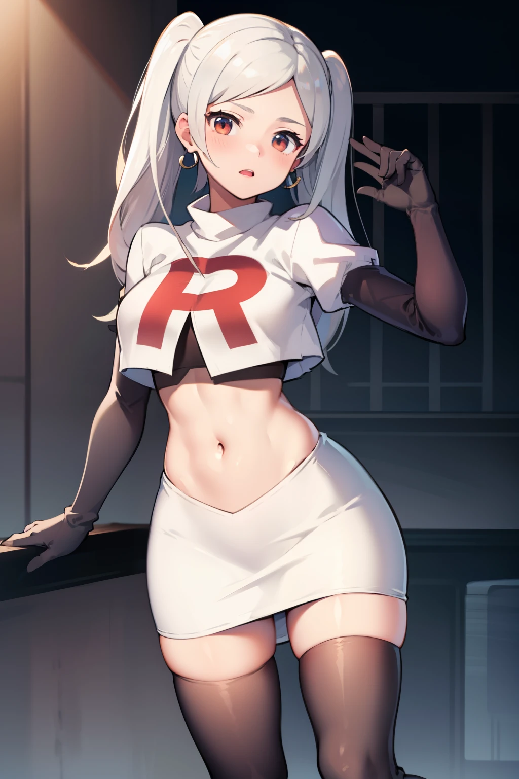 robin fe ,earrings, team rocket,team rocket uniform,white skirt,red letter R,crop top,black thigh-highs,black elbow gloves