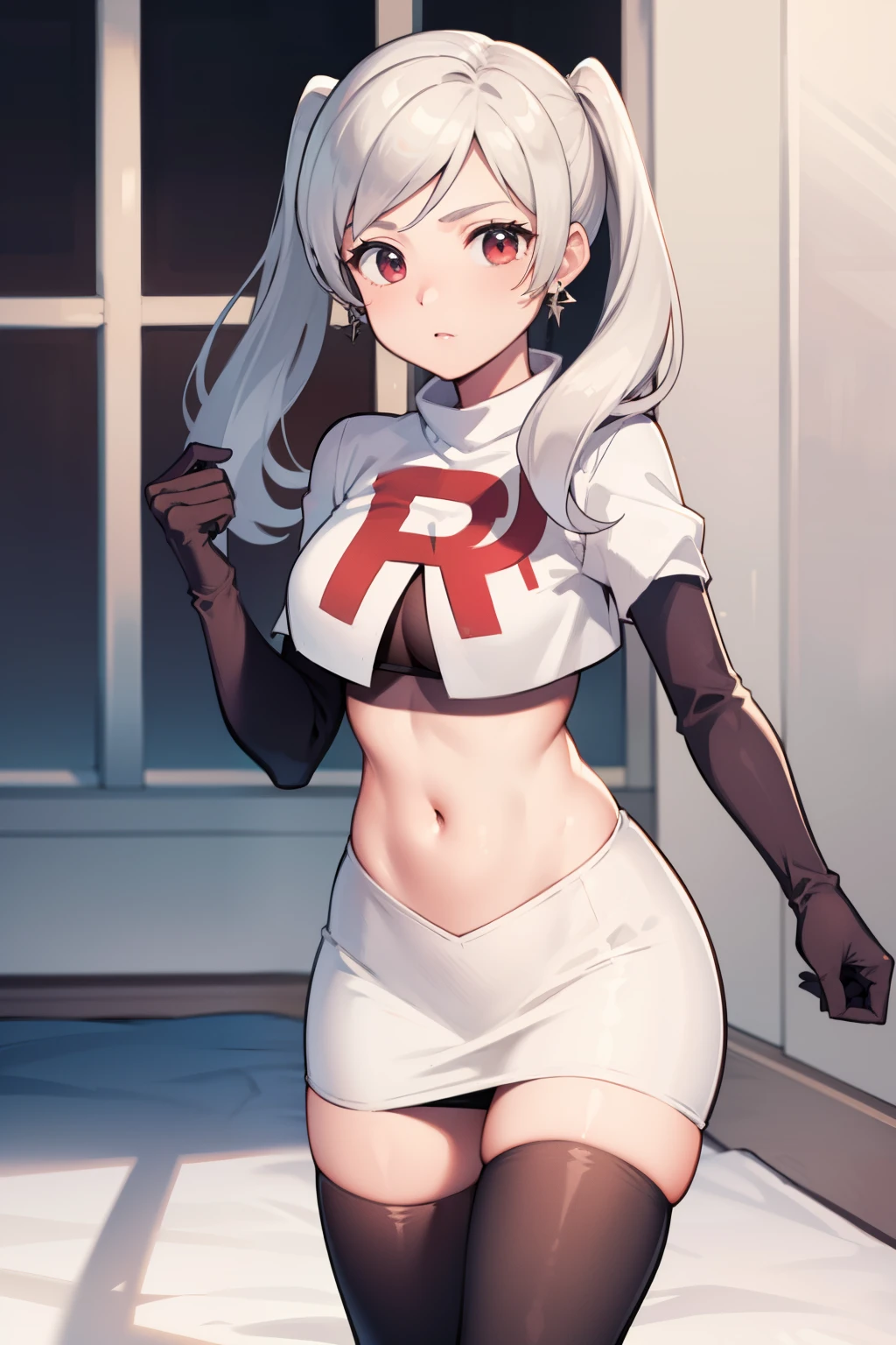 robin fe ,earrings, team rocket,team rocket uniform,white skirt,red letter R,crop top,black thigh-highs,black elbow gloves