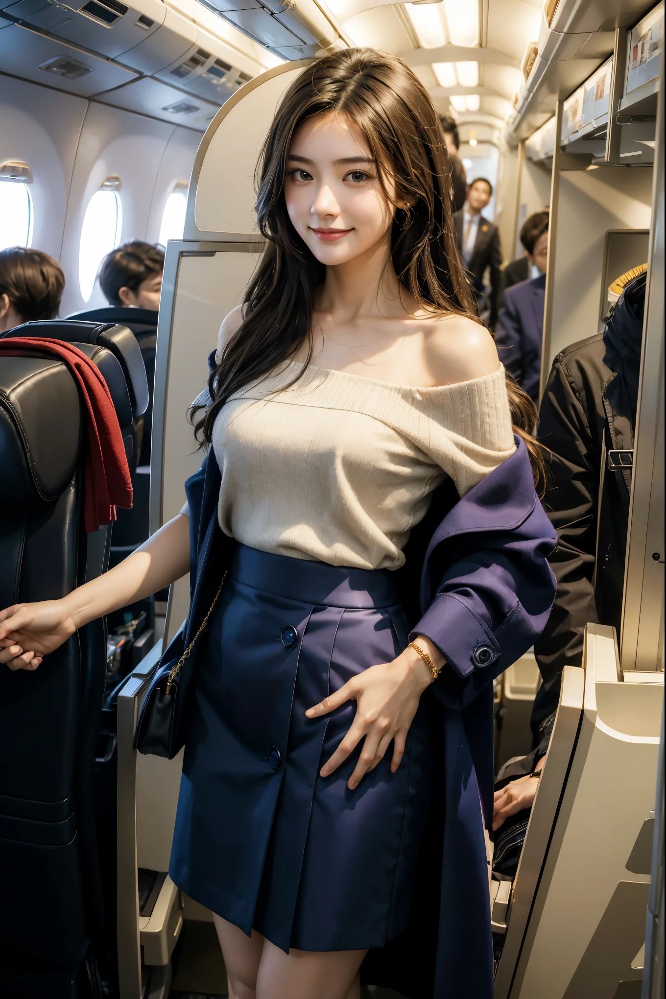 (from outside) , Many colors,best quality,8k,real photography,Fine skin details,masterpiece,Photorealistic,intricate details,RAW photos,On the plane,Smile,Floral fragrance,air,sock,extra long hair,Off the shoulders,delicate face,Baogou,Hainan Airlines,Flight attendant professional attire,coat,skirt made of,decorative,perfect fingers,anatomically correct,(The room is big,0.8),big kubby butt,shiny skin,Shot from the front
