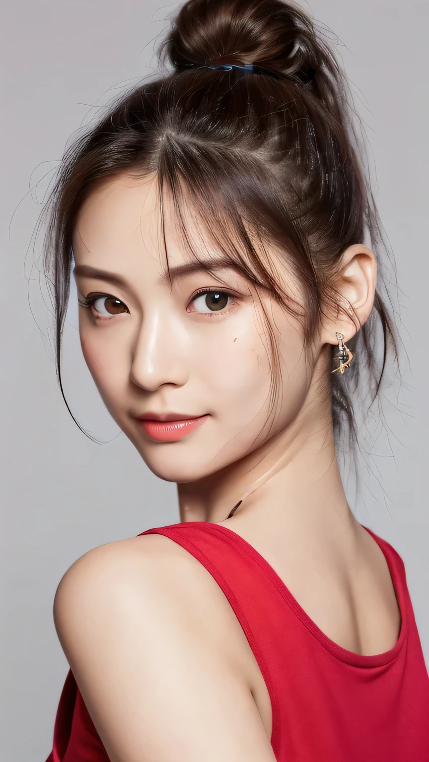 ((close up of face)), Elegant and beautiful Japanese woman in her 30s, (looking at camera: 1.2), (shy smile: 1.4), Right-facing body, (red tank top: 1.4), earrings in both ears, red lipstick, There are some black moles on her face, The hand holding the ring rests casually on her shoulder., (high ponytail: 1.6), 超High resolution, (reality: 1.4), so beautiful, beautiful skin, thin, (realistic face: 1.8), (High resolution), (8K), (very detailed) (beautiful and detailed eyes), (Super detailed)