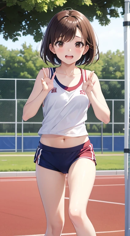  High school student Maki Horikita Beautiful girl Beautiful face Teenager Young face Crying expression Crying face Short stature Slender Athletics Navel exposed Beautiful legs Short cut Brown hair Small breasts White camisole Raising hand Japanese school Club activities Track and field club Outdoors  