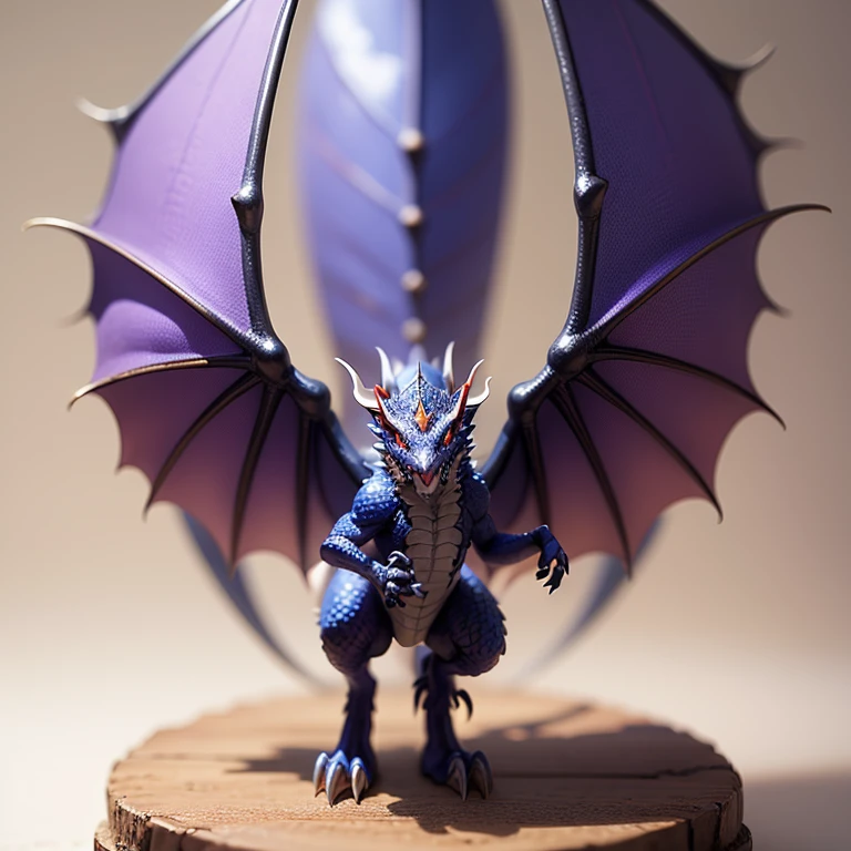 Full body view image capturing a highly detailed cute little fantastical figurine of a baby dragon. The dragon is meticulously crafted with richly textured scales, predominantly in shades of purple. Its large, expressive eyes are a deep blue, complemented by three gem-like structures on its back, surrounded by a lighter pinkish-purple hue. The figurine features prominent, pointed ears and a series of spine-like ridges running from the back of its head to its tail. The wings are small, suggesting a juvenile stage, and the underbelly transitions to a soft, off-white color, contrasting the vibrant purples. The the dragon is depicted with a gentle and careful touch, set against a softly focused background that lends the scene an enchanting, magical quality.
