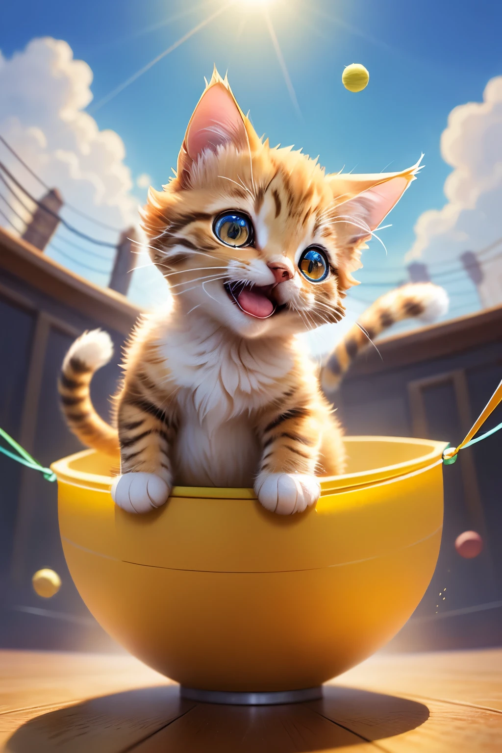 In this captivating Watercolor Illustration, a playful yellow kitten with an enormous grin takes center stage. Its joyful pouncing and batting at a colorful ball of yarn is asymmetrially situated within the frame, filling the scene with a sense of motion and energy. The kitten's fluffy fur, bathed in vibrant sunlight, highlights the gleam in its mischievous eyes.
This 9:16 aspect ratio Illustration, version 5, portrays the kitten's boundless enthusiasm as it engages with the world around it. The texture of the textured paper adds depth and realism to the artwork, immersing the