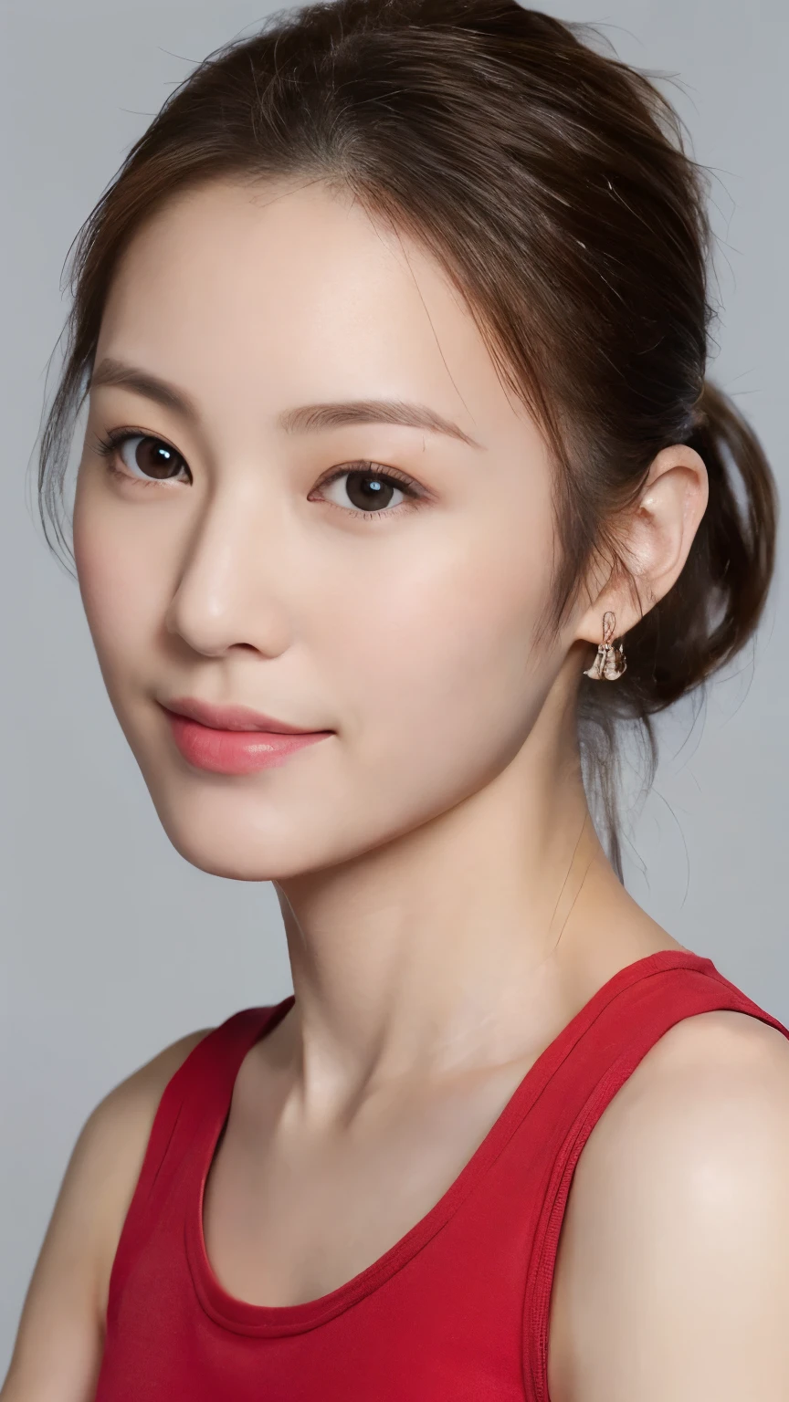 ((close-up of face)), Elegant and beautiful Japanese woman in her 30s, (looking at camera: 1.2), (shy smile: 1.4), body facing to the right, (red tank top: 1.4), Earrings in both ears, red lipstick, several black moles on her face, the hand holding the ring casually resting on her shoulder, (High ponytail: 1.6), Ultra high resolution, (Reality: 1.4), Very beautiful, Beautiful skin, Thin, (Realistic face: 1.8), (High resolution), (8K), (Very detailed) (Beautiful and detailed eyes), (Super detailed)