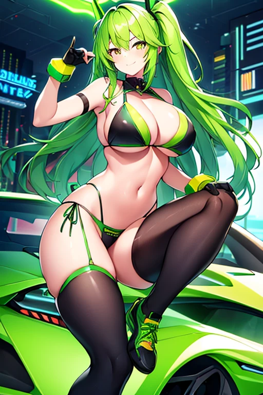 1girl, large breasts, breasts, wide hips, green hair, highleg bikini, bikini, black bikini, yellow eyes, smile, car, futuristic, science-fiction, tech, neon, neon trim, shoes, machinery,