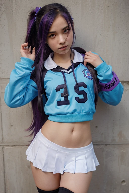 12yo sporty girl in school uniform. Sha has Jinx face from League of Legends, revealing clothes