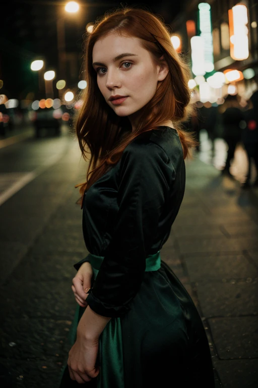 polaroid photo, night photo, photo of 31 y.o beautiful Russian woman, pale skin, black dress, green eyes, dark orange hair, bokeh, motion blur