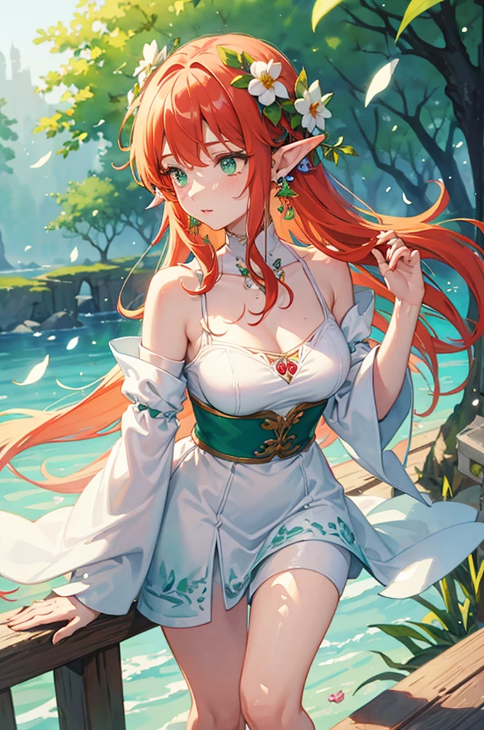 (watercolor: 1.2), elf princess, flower, freckle, Bangs, Redhead, long hair, green eyes, hair between eyes, flower earrings, blurred background, high resolution