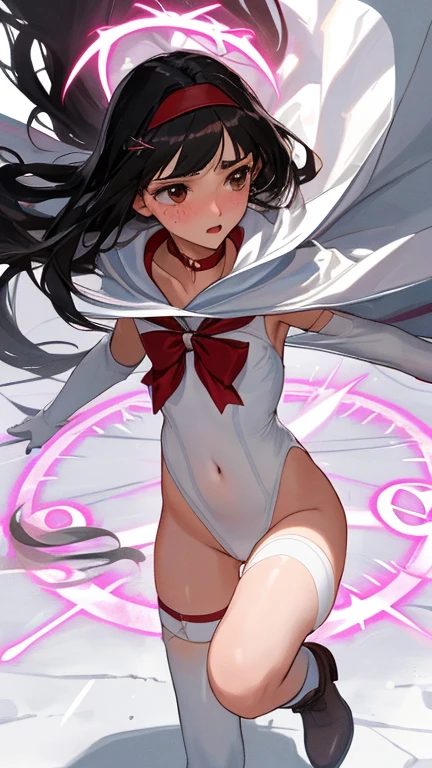 {{{{amazing quality, great quality, high quality, very aesthetic, aesthetic, best quality}}}},
realistic, photo, shadow, Three-dimensional, absurdres, Digital art,
{{{{Magical girl}}}}, beautiful girl, one girl,
black hair, long straight hair, hair, trimmed hair, shiny hair, blunt bangs, short sideburns,
brown eyes, tareme,
{{flat chest}}, {{small breasts}}, {{detailed body}}, slim thighs, thin thighs,
{{white leotard}, {leotard peek}}, {{pink sailor collar}}, {{pink elbow_gloves}}, {{red boots}},
ribbon trim, red bow tie, heart brooch, thigh strap, white headband, white circlet, white cloak,
{{both shoulders expose}}, {{covered navel}},
{{magic circle}}, troubled face, defeat, distress, resistance, absurdres, sexual pleasure, shy, orgasm, sensitive body, trembling, Sweat, disheveled hair, Multiple enemies attack the girl, torn clothes, wet clothes, melted clothes, transparent clothes, damaged clothes, half-naked,