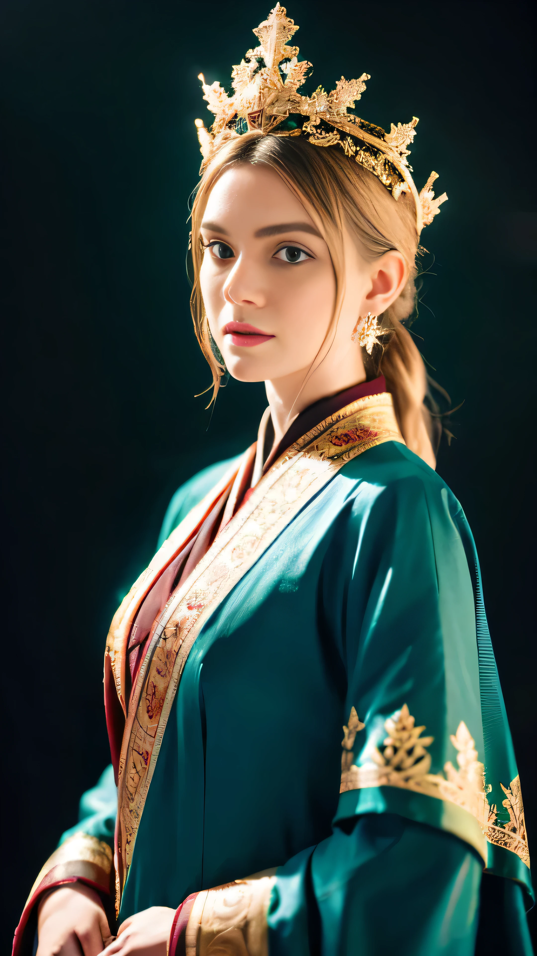 a beautiful empress portrait, blonde hair, perfect blue eyes, with a brilliant, impossible striking big Christmas headpiece, clothes Santa robes, everything Christmas, snow, symmetrical, dramatic studio lighting, rococo, baroque, greens, asian, hyperrealism, closeup, D&D, fantasy, intricate, elegant, highly detailed, digital painting, artstation, octane render, 8k, concept art, matte, sharp focus