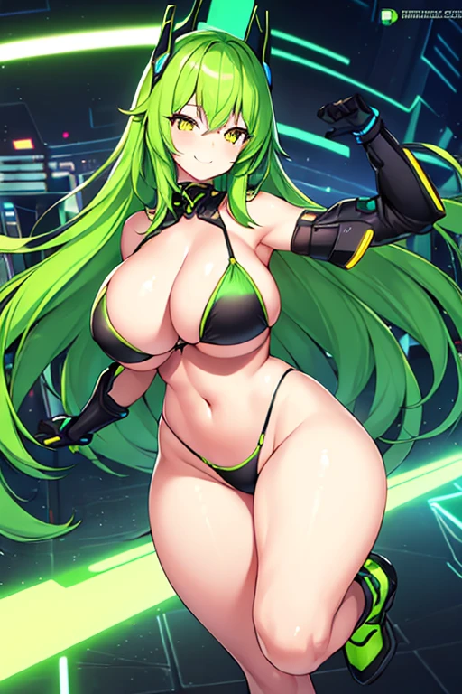 1girl, large breasts, breasts, wide hips, green hair, highleg bikini, bikini, black bikini, yellow eyes, smile, futuristic, science-fiction, tech, neon, neon trim, shoes, machinery,
