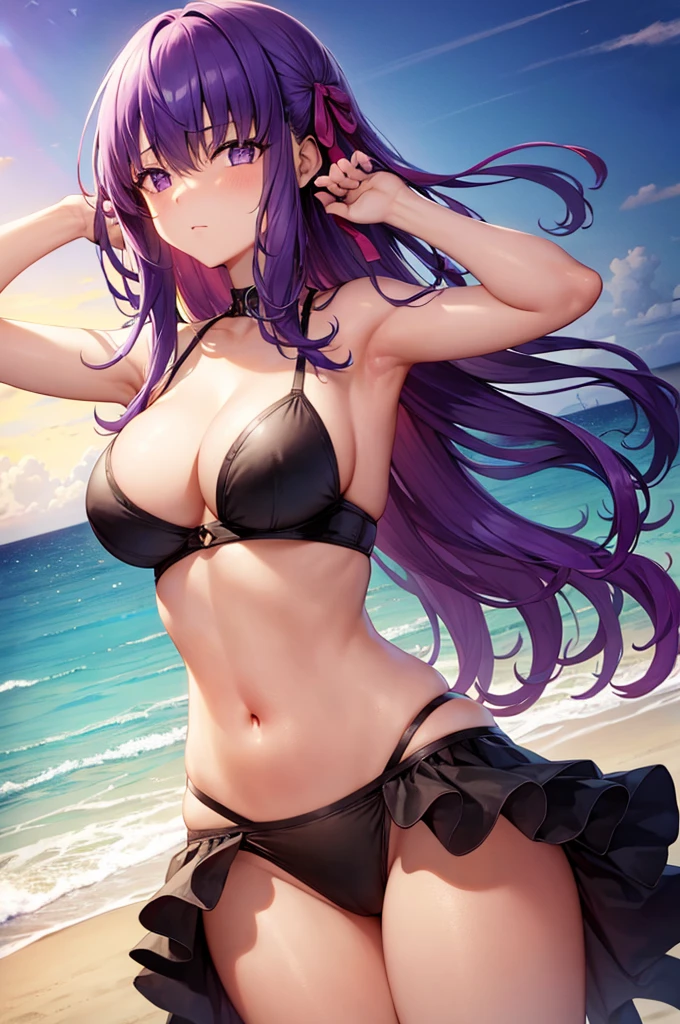 1 girl, best quality, masterpiece, high resolution, solo, HD resolution, best quality, good quality, {matou_sakura_fatestaynightufotable:1.15}, purple_hair, long_hair, ribbon, hair_ribbon, purple_eyes, 1 girl, short bikini, beautiful bkini, purple bikini , pretty, perfect thighs, big breasts, long hair, empty eyes, blushing face, sea, sand, beach,