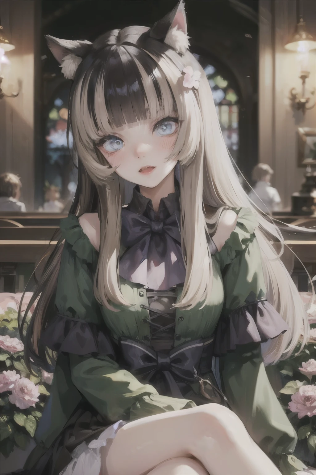 1 girl, naked, animal ears, purple eyes, brown hair, wing, alone, long hair, blush, Cat耳朵, flowers, looking at the audience, braid, bow, dress, pink flowers, bow, hair accessories, Bangs, Cat, hair flower, Animal ear hair, Keep, Virtual YouTuber, blue bow, Keep animal, Cat女, stuffed toys