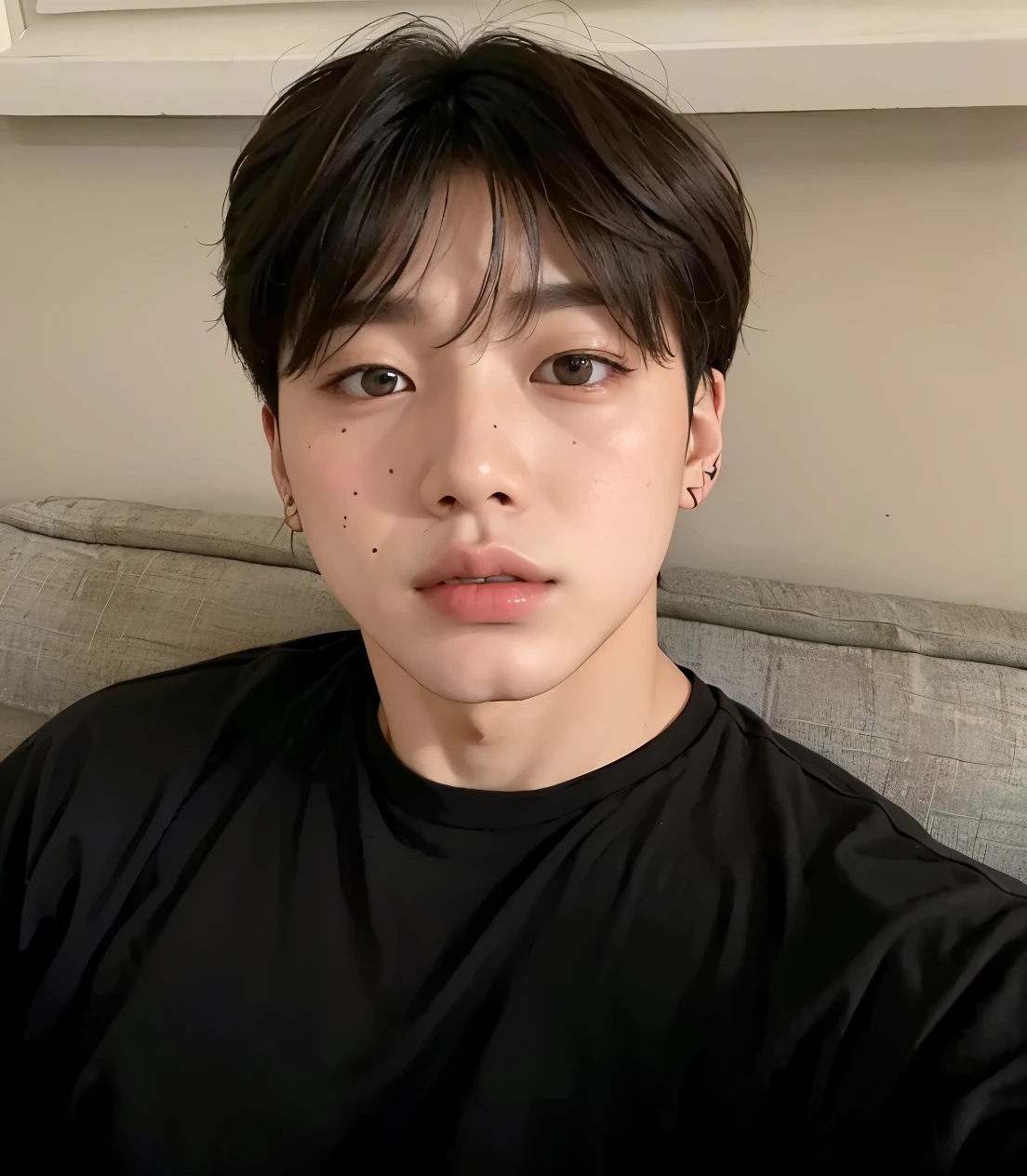 There is a man sitting on a sofa with a cell phone, Jimin\his right eyelid is swollen, hyung tae, TaeJune Kim, jungkook, kim doyoung, park Jimin, Jimin\los labios carnosos, hong junio hyung, shin jeongho, cai xukun, yanjun chengt, hyung tae kim, Jimin\la nariz griega