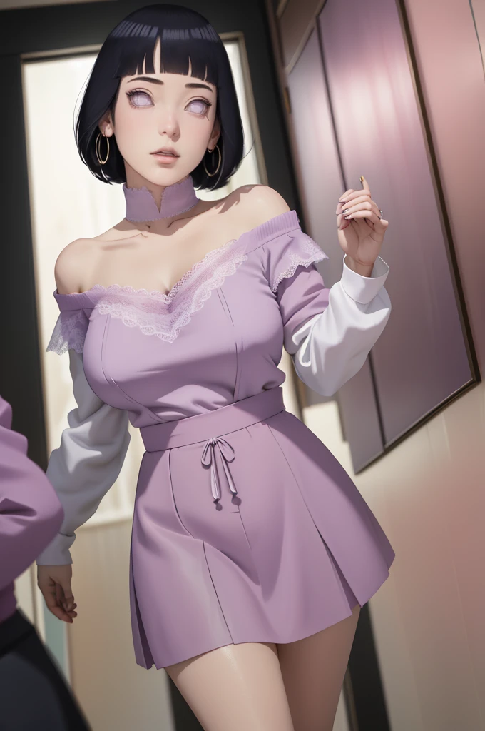 (masterpiece) (huge titusty, masterpiece, absurdres, hinata\(boruto\), 1girl, solo,mature female, off-shoulder bra, high waist short skirt, looking at viewelling petals), perfect composition, detailed lips, big breast, beautiful face, body propotion, blush, (pink lips), short hair, purple eyes, soft gaze, super realistic, detailed, photoshoot, realistic face and body, dancing lightly, lilac eyes, full body, lace clothes, with large hoop earrings