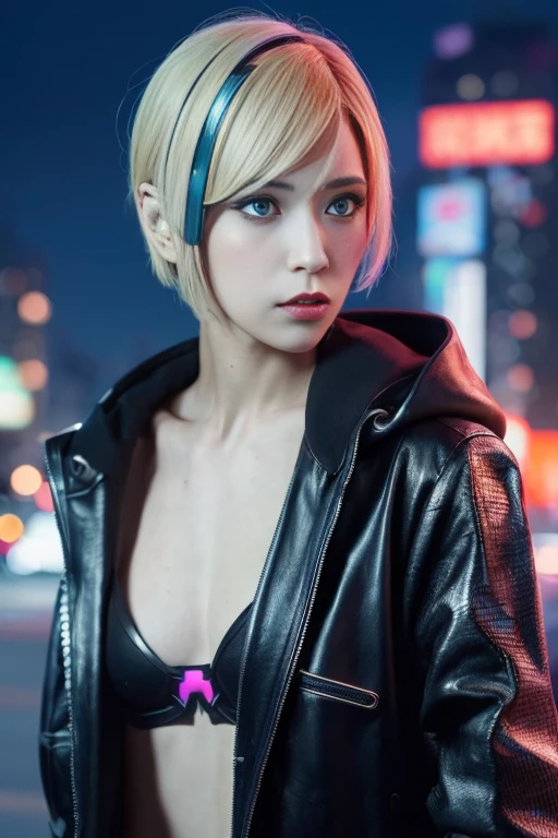 1 girl,(Wearing cyberpunk cosplay:1.4),(RAW photo, highest quality), (realistic, photo-realistic:1.4), masterpiece, very delicate and beautiful, very detailed, 2k wallpaper, wonderful, finely, very detailed CG unity 8k wallpaper, Super detailed, High resolution, soft light, beautiful detailed girl, very detailed eyes and face, beautifully detailed nose, beautiful and detailed eyes,cinematic lighting,Surrounded by dystopian skyscrapers,perfect anatomy,slender body,crowd,(upward glance),blonde hair,(short hair)