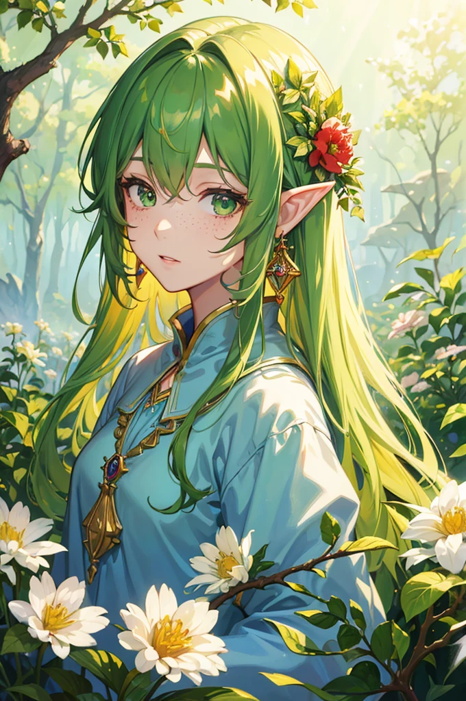 (best quality,highres:1.2),watercolor,princess of elves,flowers,freckles,fringe,red-haired lady,flowing hair,green eyes,hair between eyes,flower earrings,blurred background,high resolution