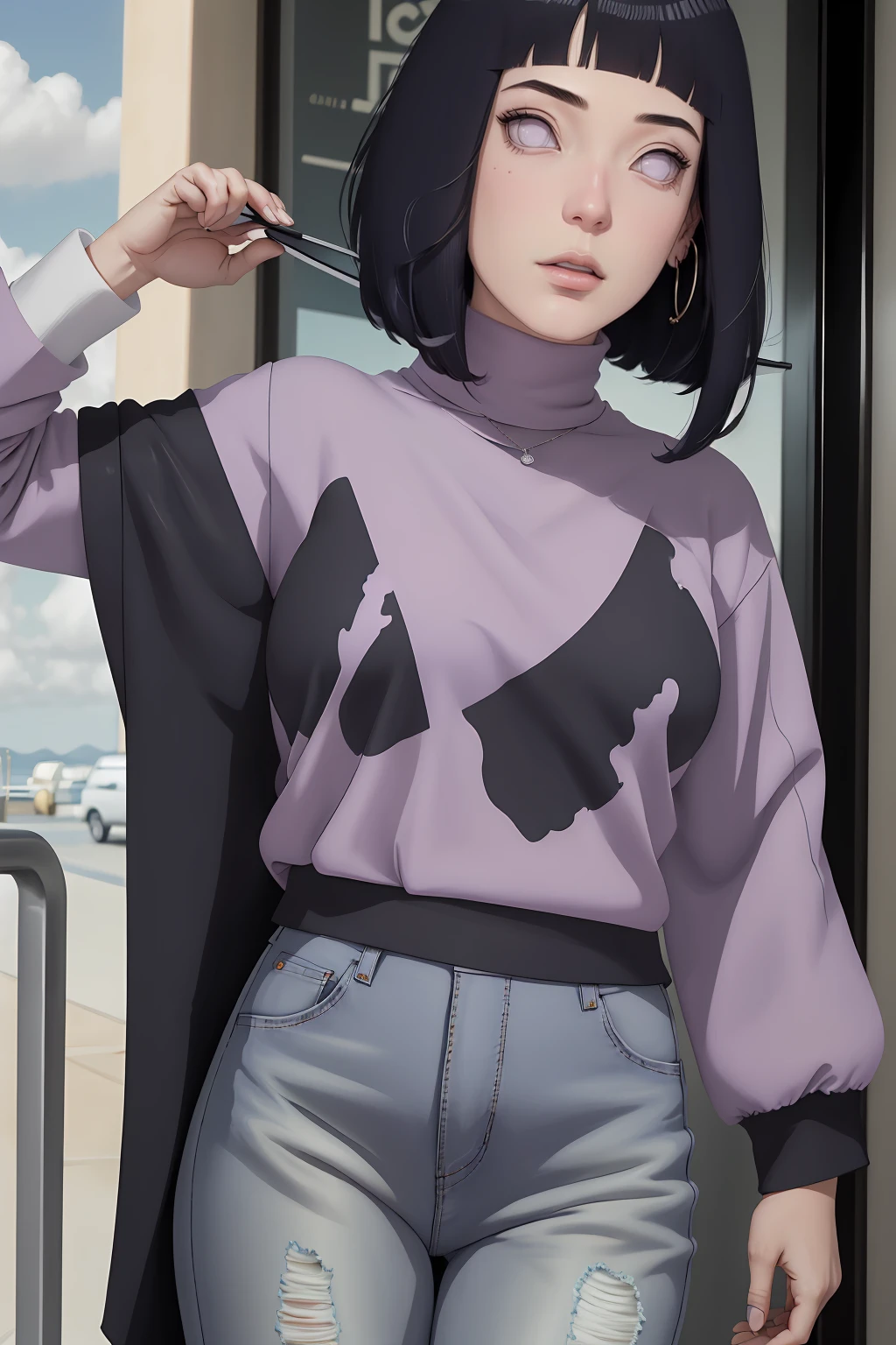 { - anatomy error} (Masterpiece - Ultra-detailed, very high resolution) , absurdos, Hinata\(Boruto\), 1girl, sozinho,Mature female, Capuz roxo,mangas em camadas, jeans, ao ar livre, Cloudy sky, perfect composition, circunstanciado lips, peito grande, beautiful face, body propotion, corar, (pink lips), cabelos pretos curto (black hair), lilac eyes, olhar suave, super realistic, circunstanciado, rosto e corpo realistas, Realistic hair, olhos realistas, nariz realista, realistic lips, with large hoop earrings, anime.