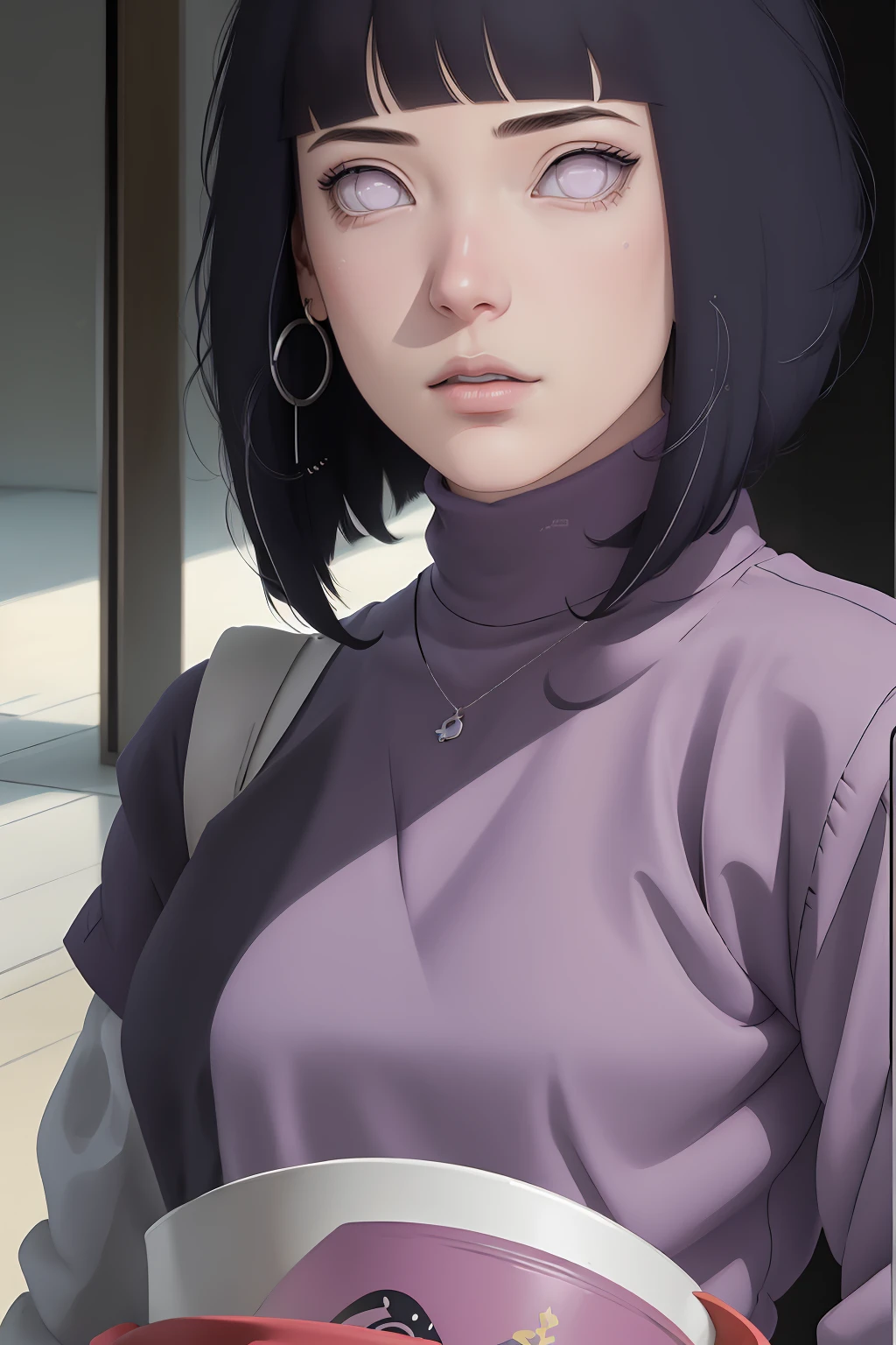 { - anatomy error} (Masterpiece - Ultra-detailed, very high resolution) , absurdos, Hinata\(Boruto\), 1girl, sozinho,Mature female, Capuz roxo,mangas em camadas, jeans, ao ar livre, Cloudy sky, perfect composition, circunstanciado lips, peito grande, beautiful face, body propotion, corar, (pink lips), cabelos pretos curto (black hair), lilac eyes, olhar suave, super realistic, circunstanciado, rosto e corpo realistas, Realistic hair, olhos realistas, nariz realista, realistic lips, with large hoop earrings, anime.