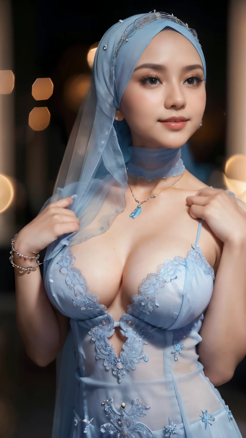 Hyper realistic, Beautiful, cute Face, 18 Years old russian ****ta Girl, (wearing hijab), Detailed sexy seethru light blue lace kebaya dress, open breast, breast out, nude, nipples, small Rounded Breast, luxury necklace, White Skin, Dark City Background, mid shot, upper body, Perfect Potrait, Bokeh Effect, Look at Viewer, Armpit, Perfect Eye, Perfect Hand, Perfect Finger, Bracelet, Ring, (small breast), ((adorable:1.2)), ((masterpiece:1.1)), ((bokeh:1.2)), (dynamic seducing pose), seductive smile, flirting eyes