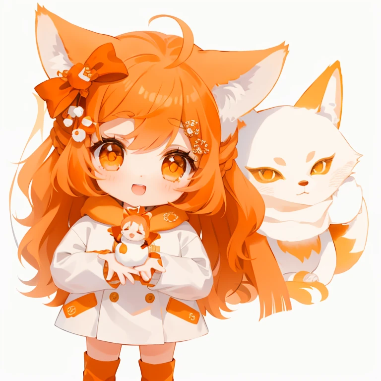 a girl,There is a slightly obscured fox to the right of the girl,The girl has two fox ears,Girl holding a mini snowman in her hands,orange hair,Orange ears,Orange fox,pink coat,Brown boots