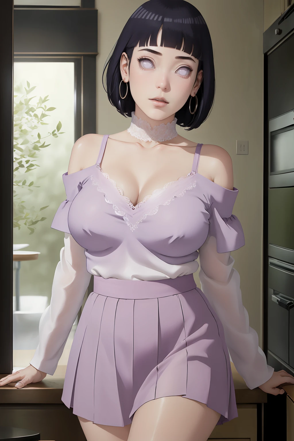 (masterpiece) (huge titusty, masterpiece, absurdres, hinata\(boruto\), 1girl, solo,mature female, off-shoulder bra, high waist short skirt, looking at viewelling petals), perfect composition, detailed lips, big breast, beautiful face, body propotion, blush, (pink lips), short hair, purple eyes, soft gaze, super realistic, detailed, photoshoot, realistic face and body, dancing lightly, lilac eyes, full body, lace clothes, with large hoop earrings